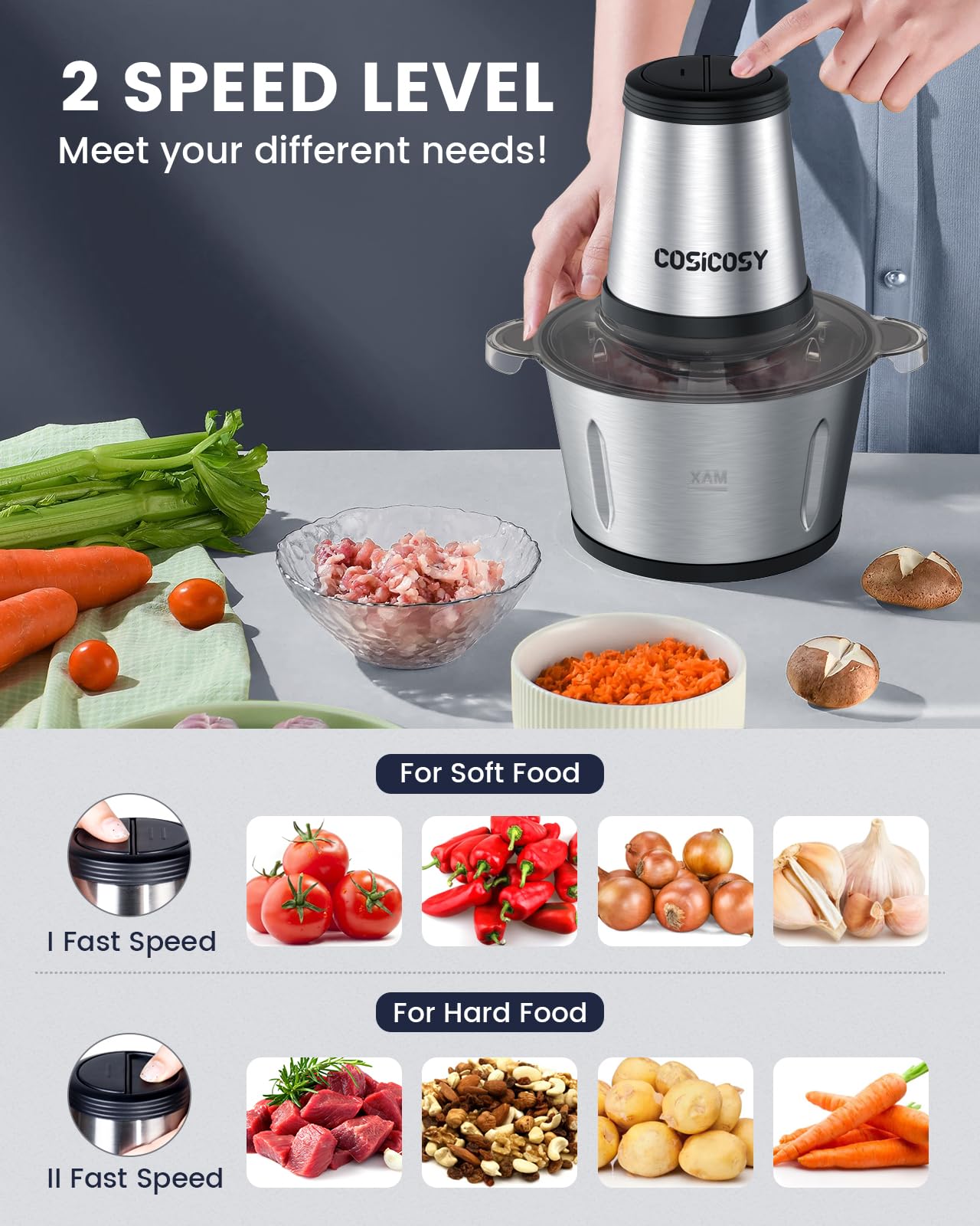- Food Processor | Cosicosy 2L Meat Grinder with 4 Durable Blades | 2 Speed Adjustable Food Grinder Stainless Steel Food Chopper -