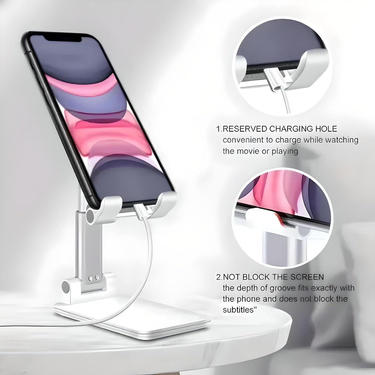 Betron Universal Phone Stand, Height Adjustable Holder, Foldable Cradle Dock Compatible with iPhone, Samsung Galaxy, and Other Smartphones