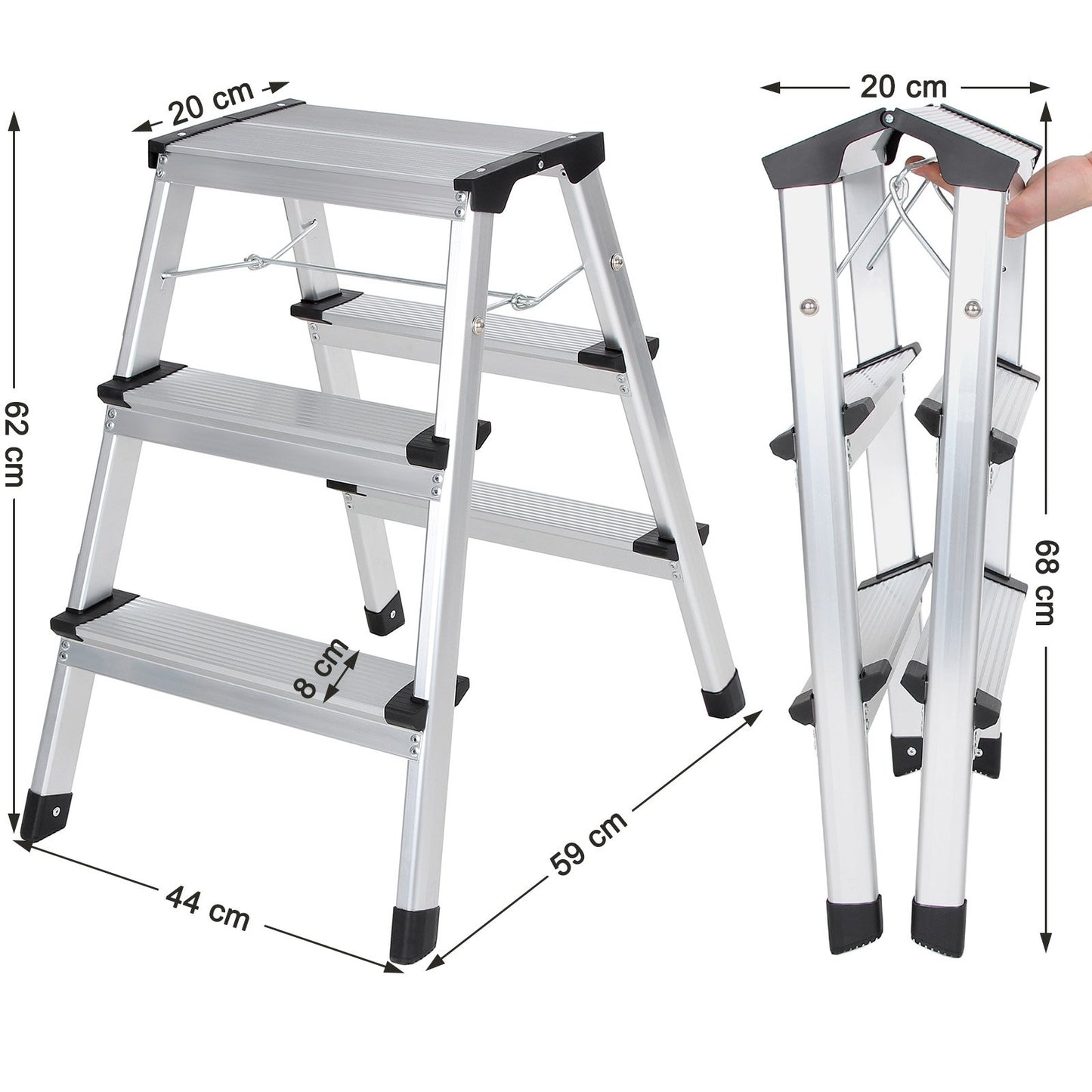 - SONGMICS Alu Step Ladder | Household Ladder | light weight 3 kg | Folding Multi-purpose Steps on Both Sides 2 x 3 Stages GLT23K -