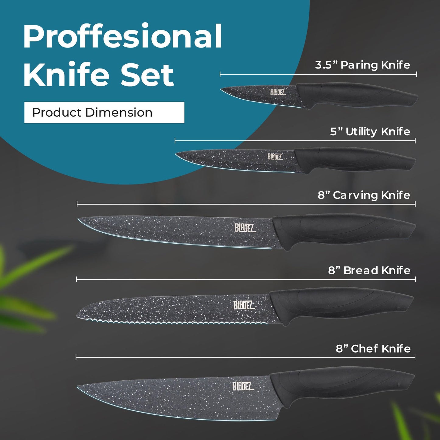 Bladez Professional Kitchen Knife Set, 5 Pcs Stainless Steel Kitchen Knives Set with Ultra Sharp Blade and Soft Handle, Includes Chef, Bread, Carving, Utility and Paring Knife, All in a Gift Box