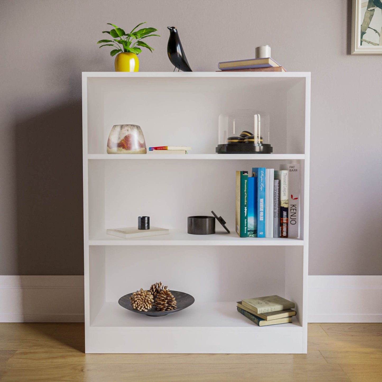 - Vida Designs Cambridge 3 Tier Low Bookcase, White Wooden Shelving Display Storage -
