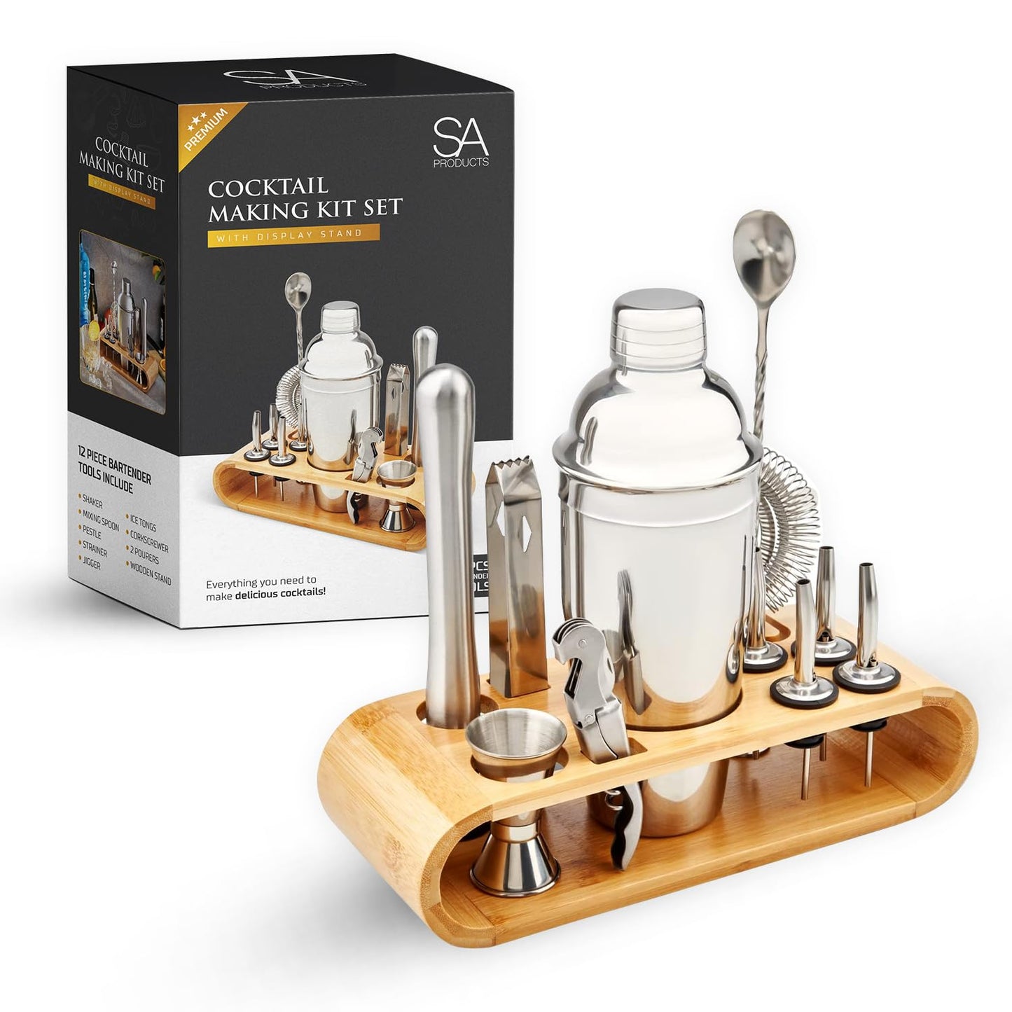 - SA Products 12 Piece Cocktail Shaker Set | Stainless Steel Cocktail Accessories | Bartender Kit with Drink Shaker, Jigger, Spoon, Strainer, Corkscrew, Ice Tongs, Pestle, Pourers, Bamboo Display Stand -