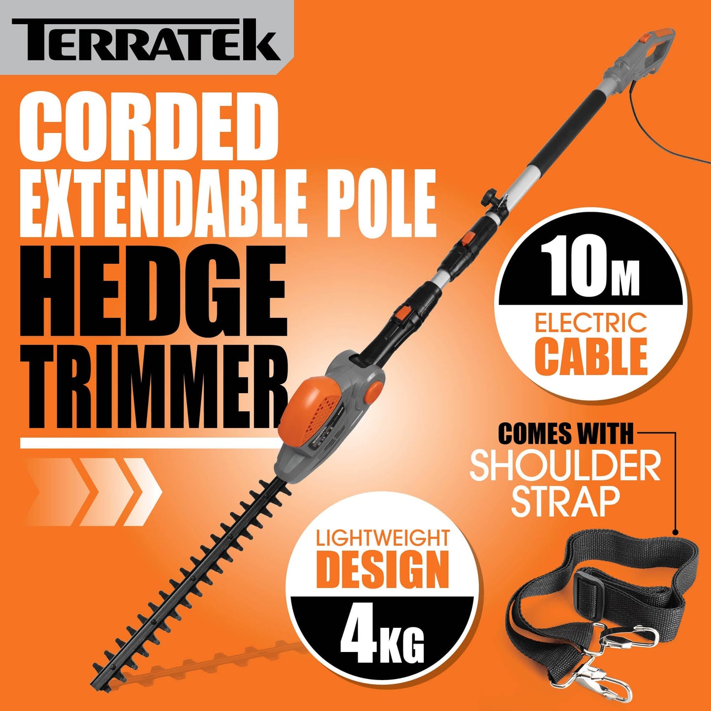 - Terratek Corded Extendable Pole Hedge Trimmer |  550W 2.5M | Telescopic Hedge Trimmer -