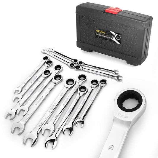 AZUNO Ratchet Spanner Set, 14-Piece Metric & SAE Combination Spanners, Chrome Vanadium Steel with Deluxe Case