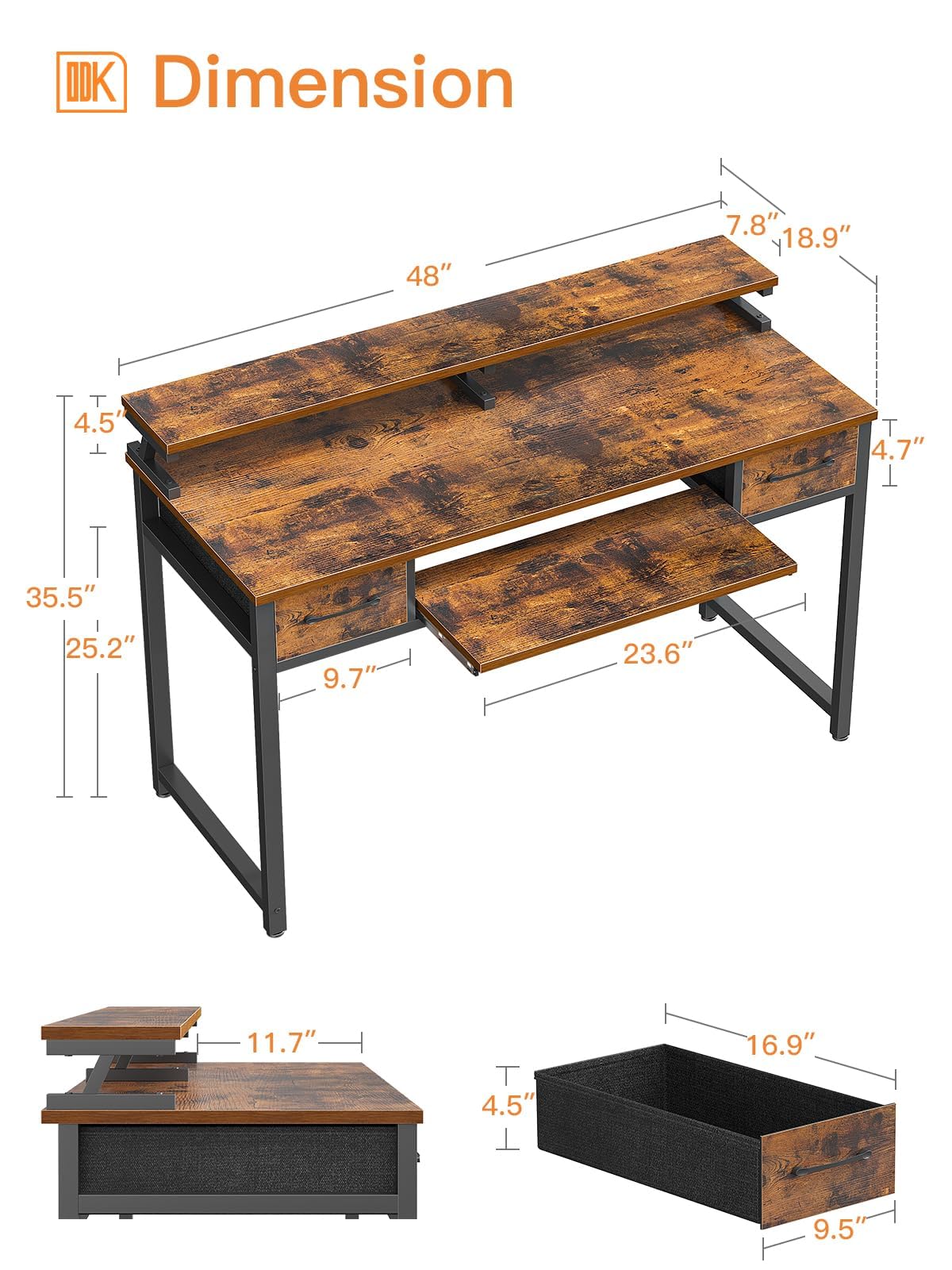 - ODK Computer Desk with Drawers | 48 Inch Office Desk with Keyboard Tray -