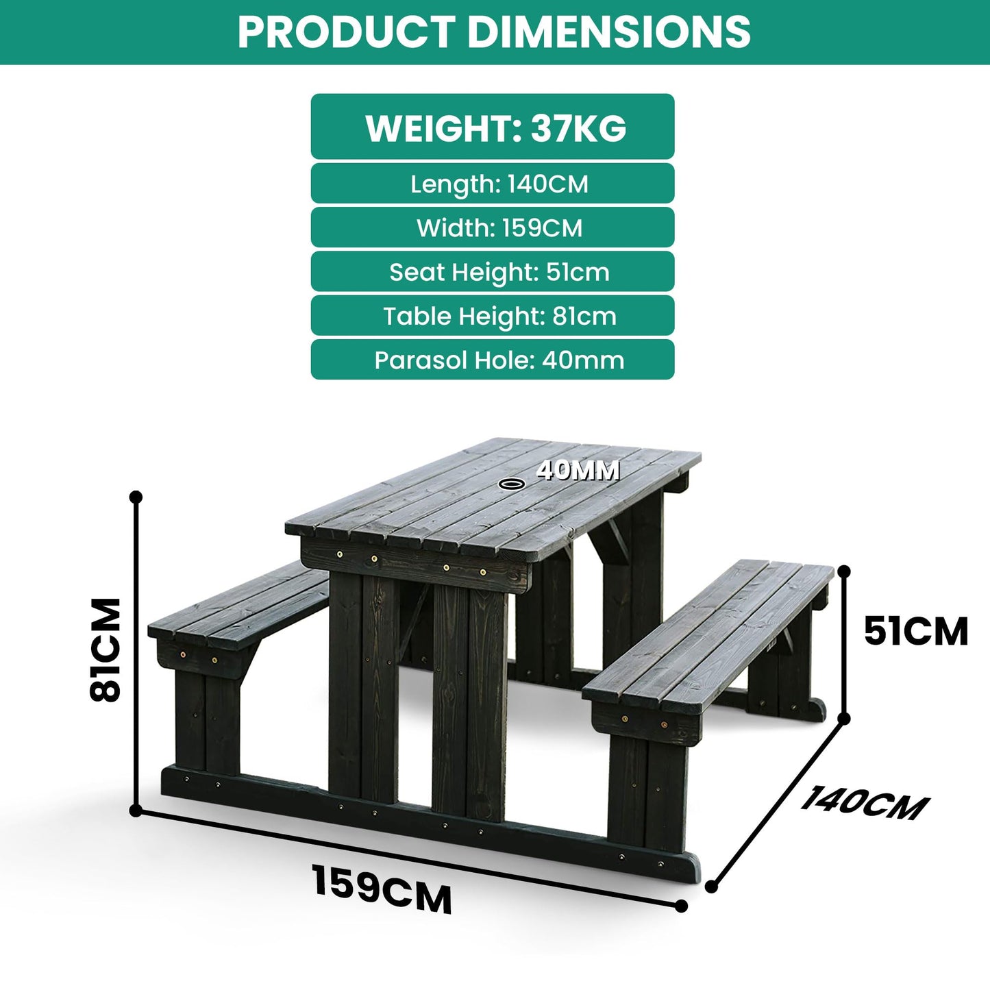 BrackenStyle Guernsey Wooden Picnic Table - Easy Access Walk In Bench - 6 Seater (Dark Grey)
