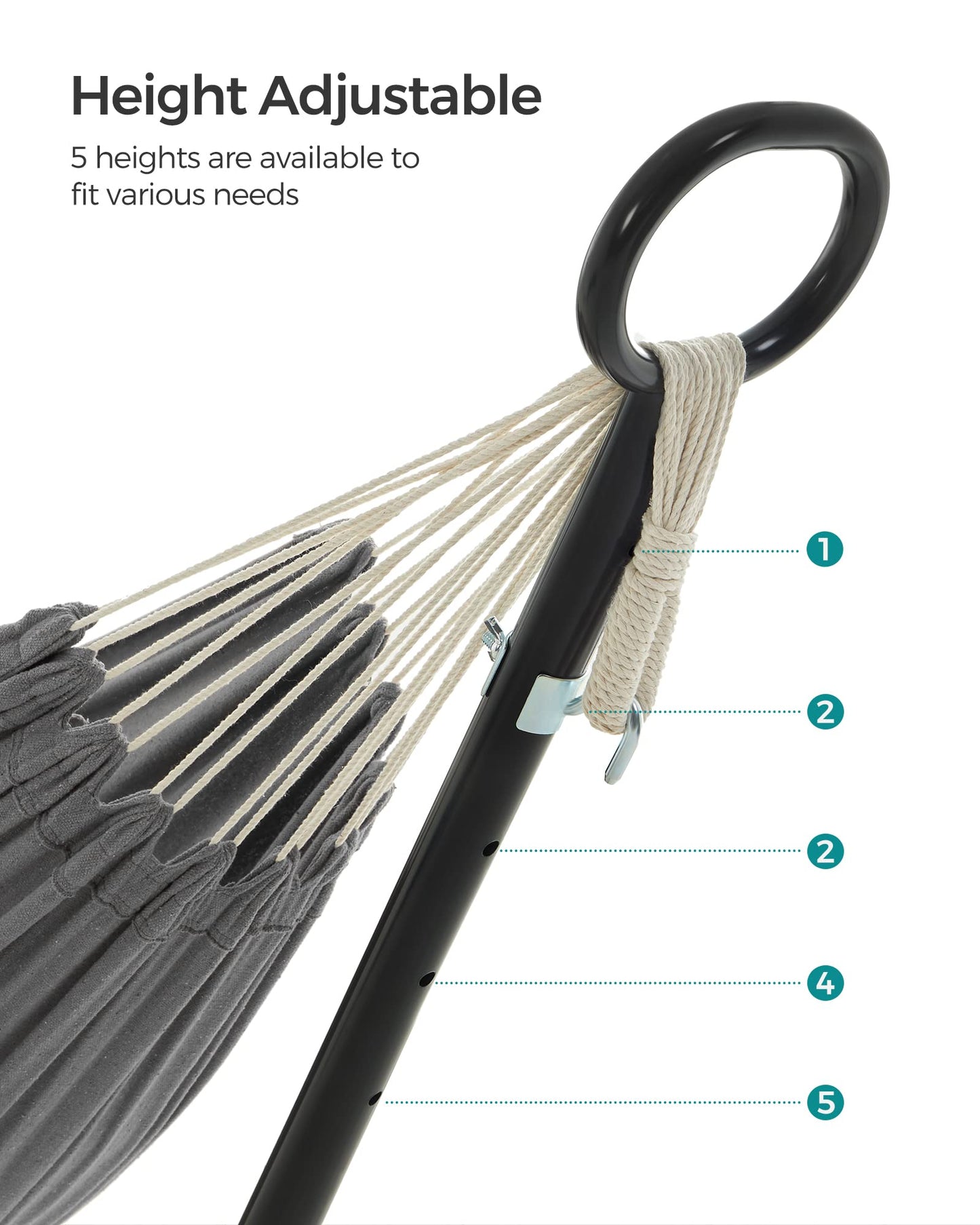 - SONGMICS Hammock with Stand | 210 x 150 cm Hammock | 5 Adjustable Heights | Portable Hammock with Metal Frame |  240 kg Load Capacity | Grey GHS001G01 -