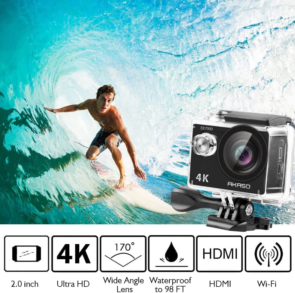AKASO EK7000 4K30FPS Action Camera - 20MP Ultra HD Underwater Camera 170 Degree Wide Angle 98FT Waterproof Camera with Accessory Kit