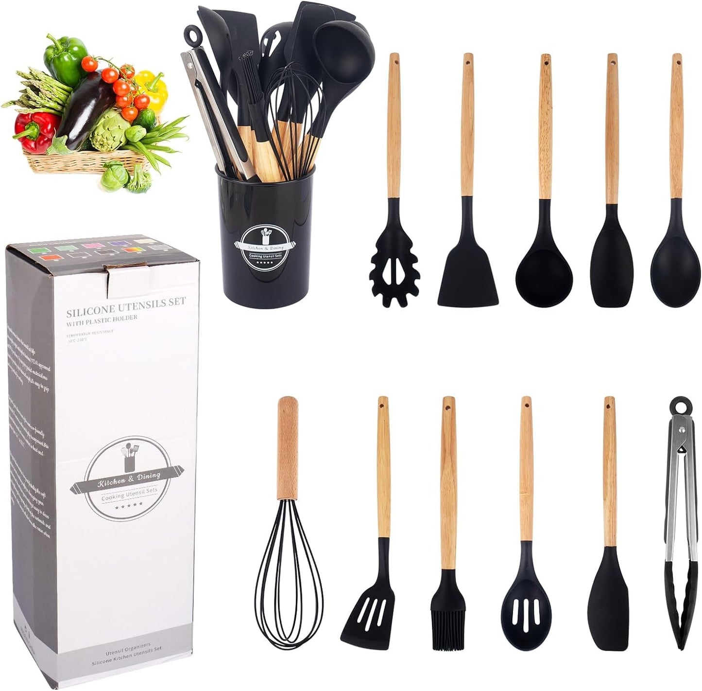 12 - Piece Silicone Cooking Utensils Set with Wooden Handle, Dishwasher Safe, Heat Resistant, Nonstick Cookware Tongs Spatula Spoon Set, Best Kitchen Tools (Black)