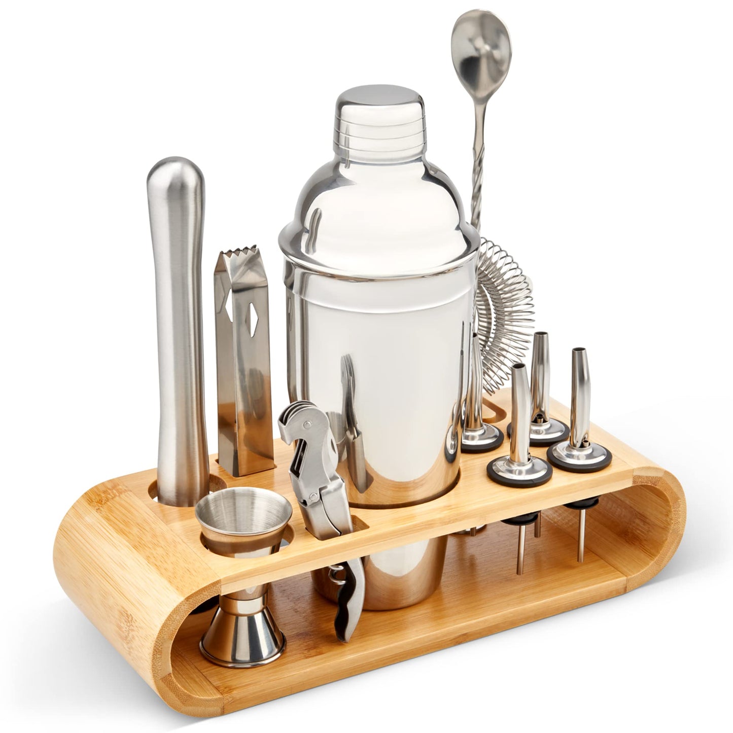 - SA Products 12 Piece Cocktail Shaker Set | Stainless Steel Cocktail Accessories | Bartender Kit with Drink Shaker, Jigger, Spoon, Strainer, Corkscrew, Ice Tongs, Pestle, Pourers, Bamboo Display Stand -