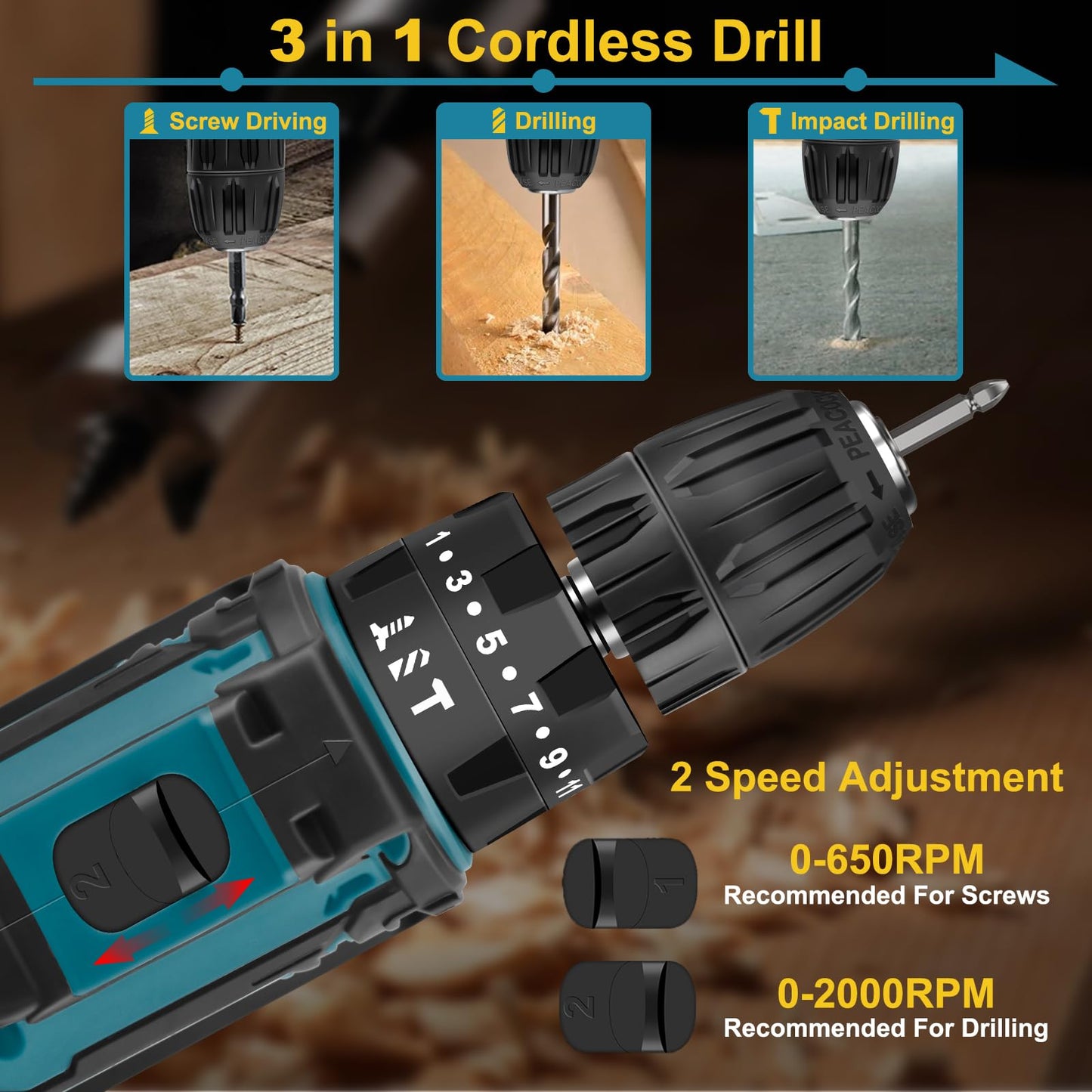 - VOERJIA 21V Cordless Drill, Power Drill Cordless, Cordless Drill with 2 Batteries 2000mAh -