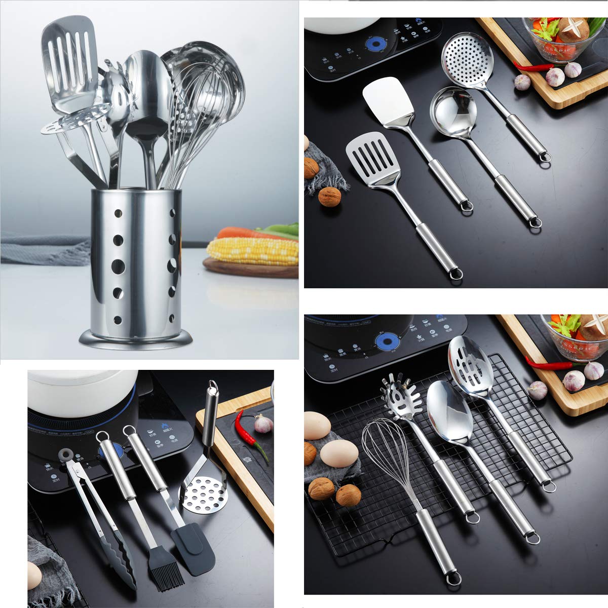 Berglander Stainless Steel Kitchen Utensil 12 Piece with 1 Stand, Cooking Spoon, Kitchen Tools Cooking Utensil with Holder. (13 Pieces)