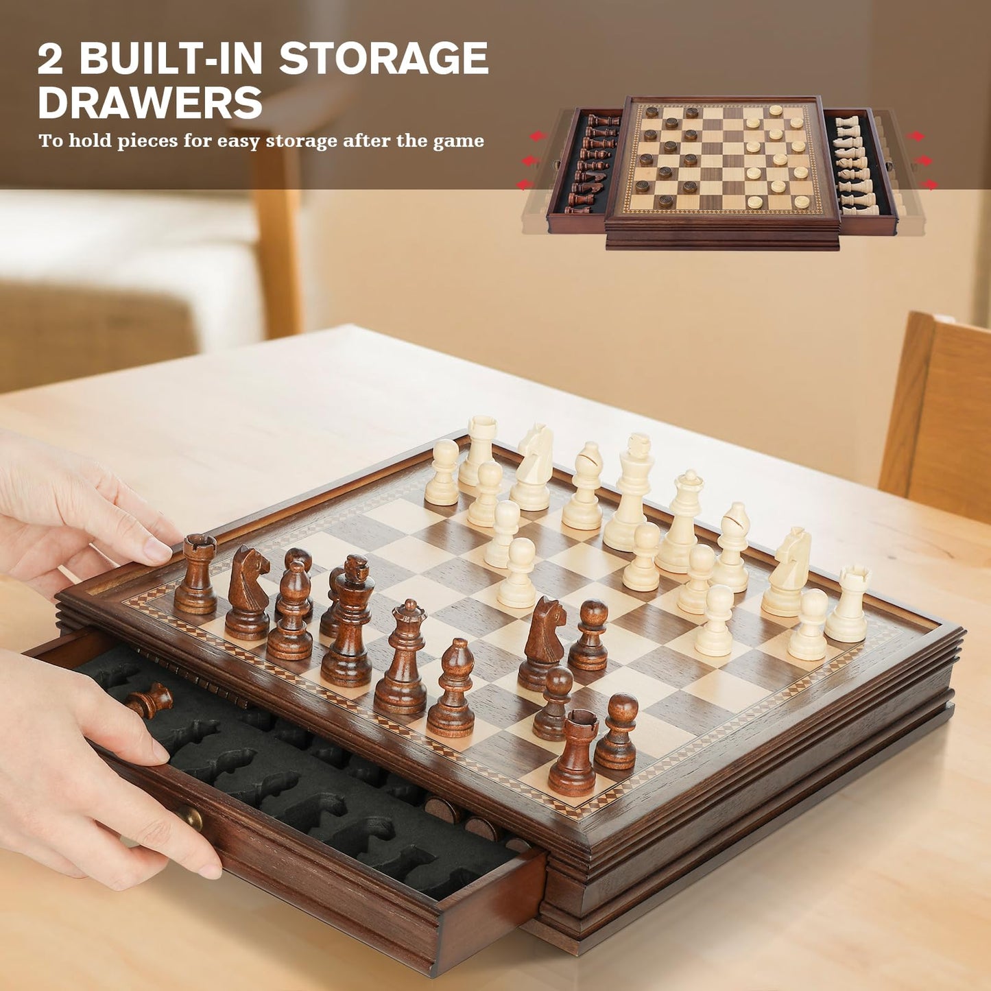 - Peradix Magnetic Wooden Chess Set | 32.5 x 32.5 cm | Chess Board Game with 2 Built-in Storage Drawers -