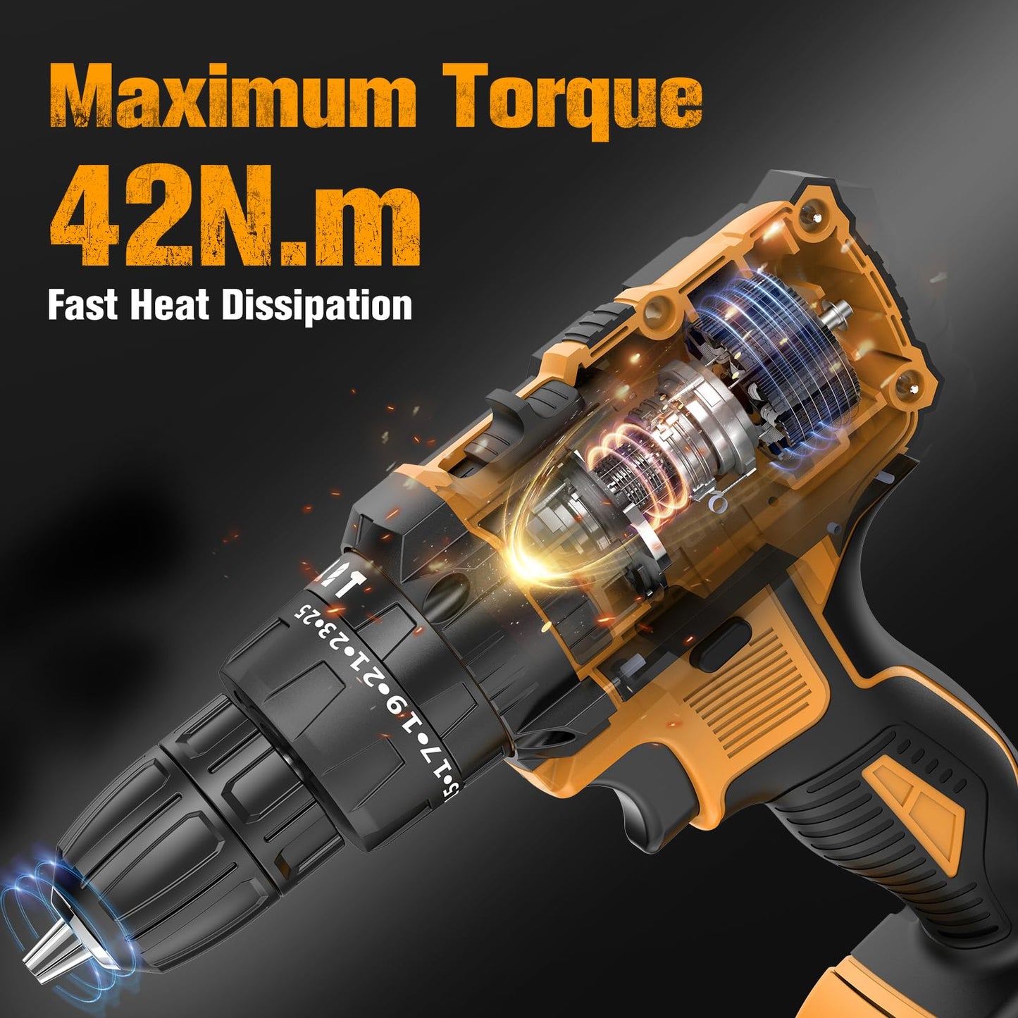 Cordless Drill Driver 21V, Cordless Hammer Drill with 2 Batteries 2000mAh, 25+3 Torque, 42N.m Max Electric Drill, 30PCS Drill Bits, 2 Speed, LED Light for Home and Garden DIY Project