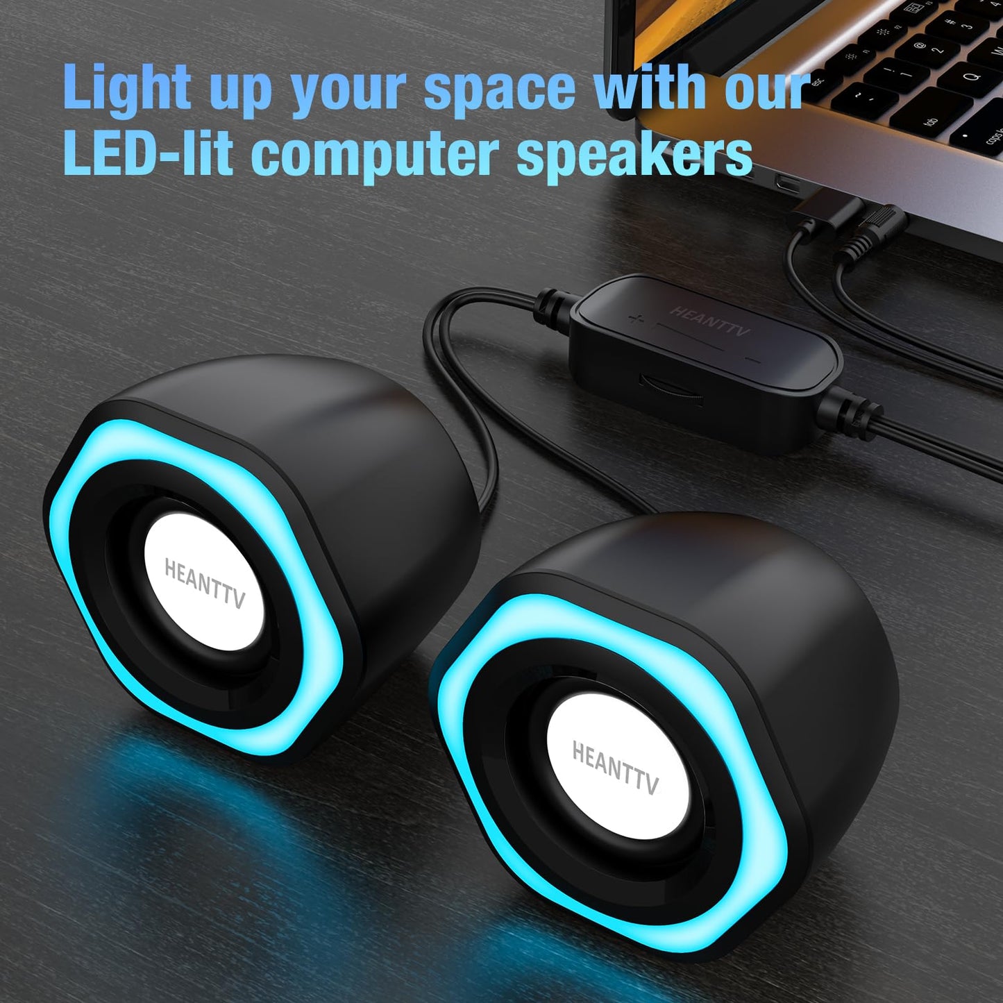 - HEANTTV Computer Speaker | PC Speakers for Desktop Monitors | 2.0 Stereo Volume Control with LED Light | USB Powered & 3.5 mm jack -