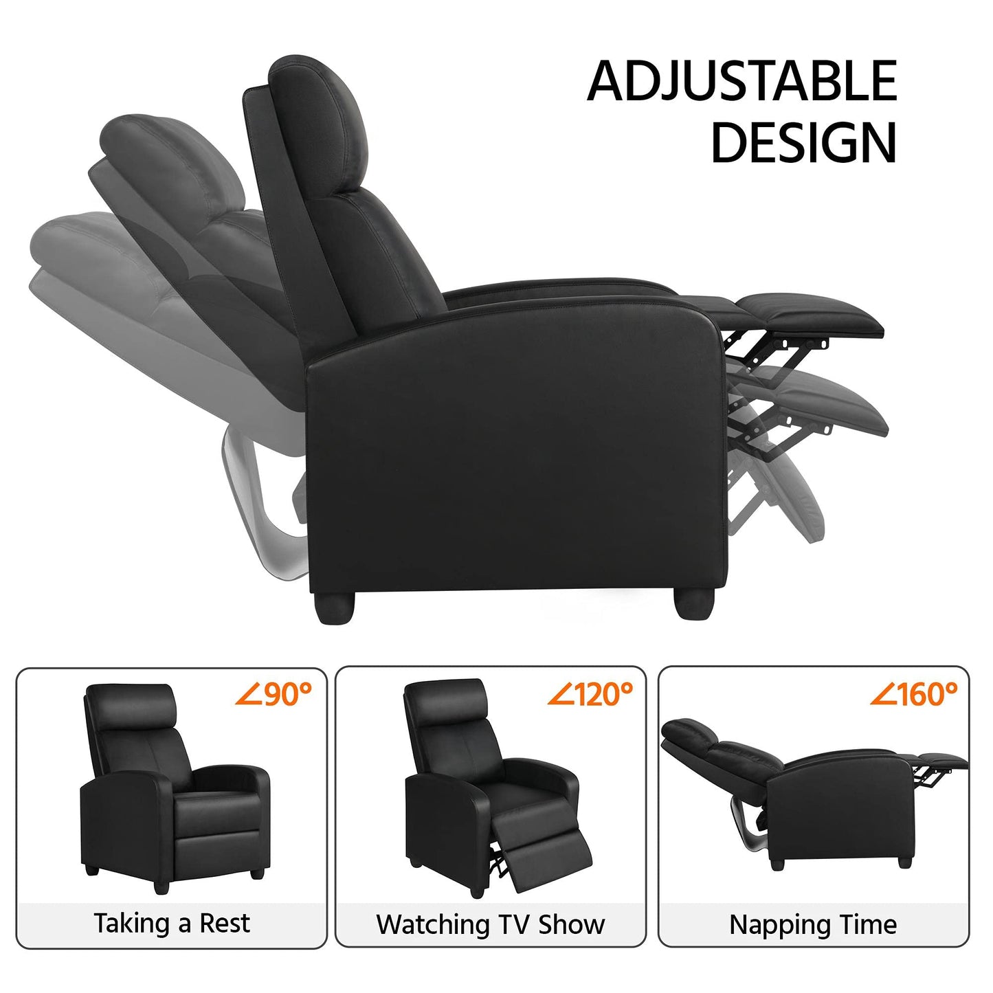 - Yaheetech Recliner Armchair Single Padded Seat, PU Black Leather Recliner For Lounge.