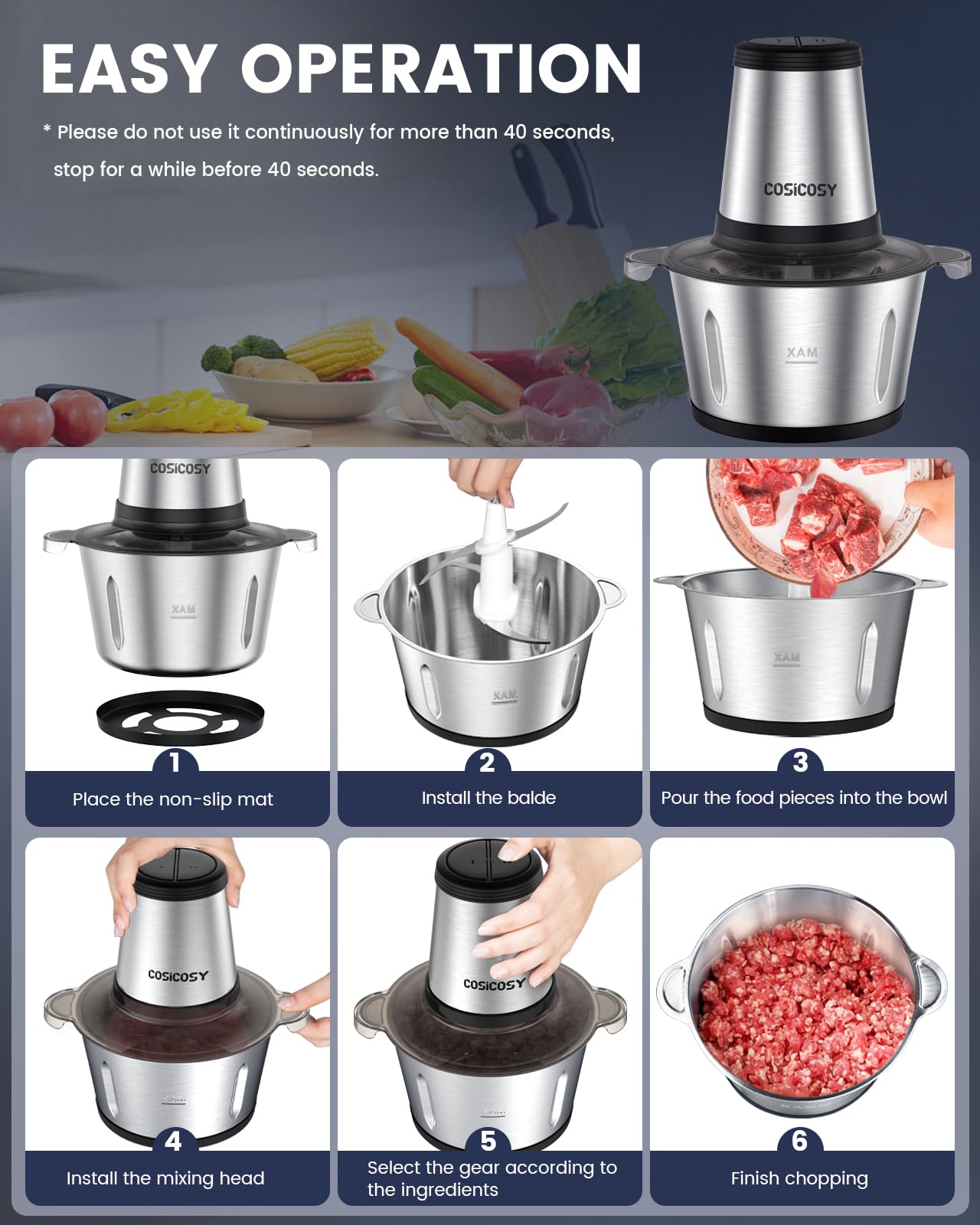 - Food Processor | Cosicosy 2L Meat Grinder with 4 Durable Blades | 2 Speed Adjustable Food Grinder Stainless Steel Food Chopper -