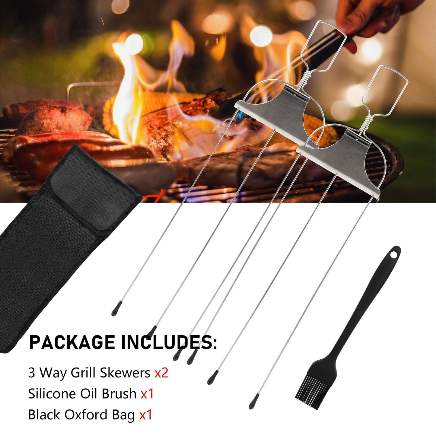 2Pcs 3 Way Skewers for Grilling, Stainless Steel BBQ Skewers with Push Bar Slider, Reusable Kebab Skewers BBQ Accessories with Oil Brush and Oxford Bag