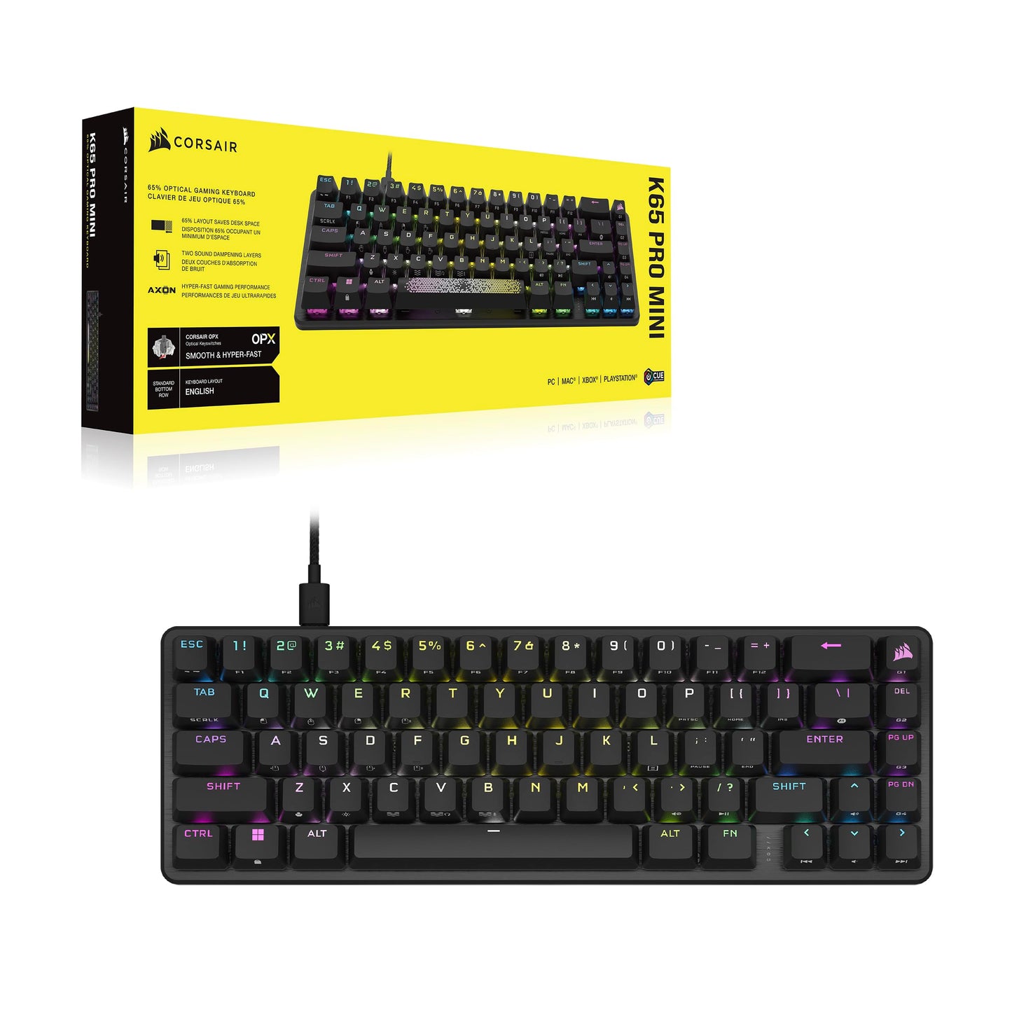 CORSAIR K65 PRO MINI RGB 65% Optical-Mechanical Wired Gaming Keyboard – OPX Linear Switches – PBT Double-Shot Keycaps – iCUE Compatible – PC, PS5, PS4, Xbox – QWERTY UK – Black