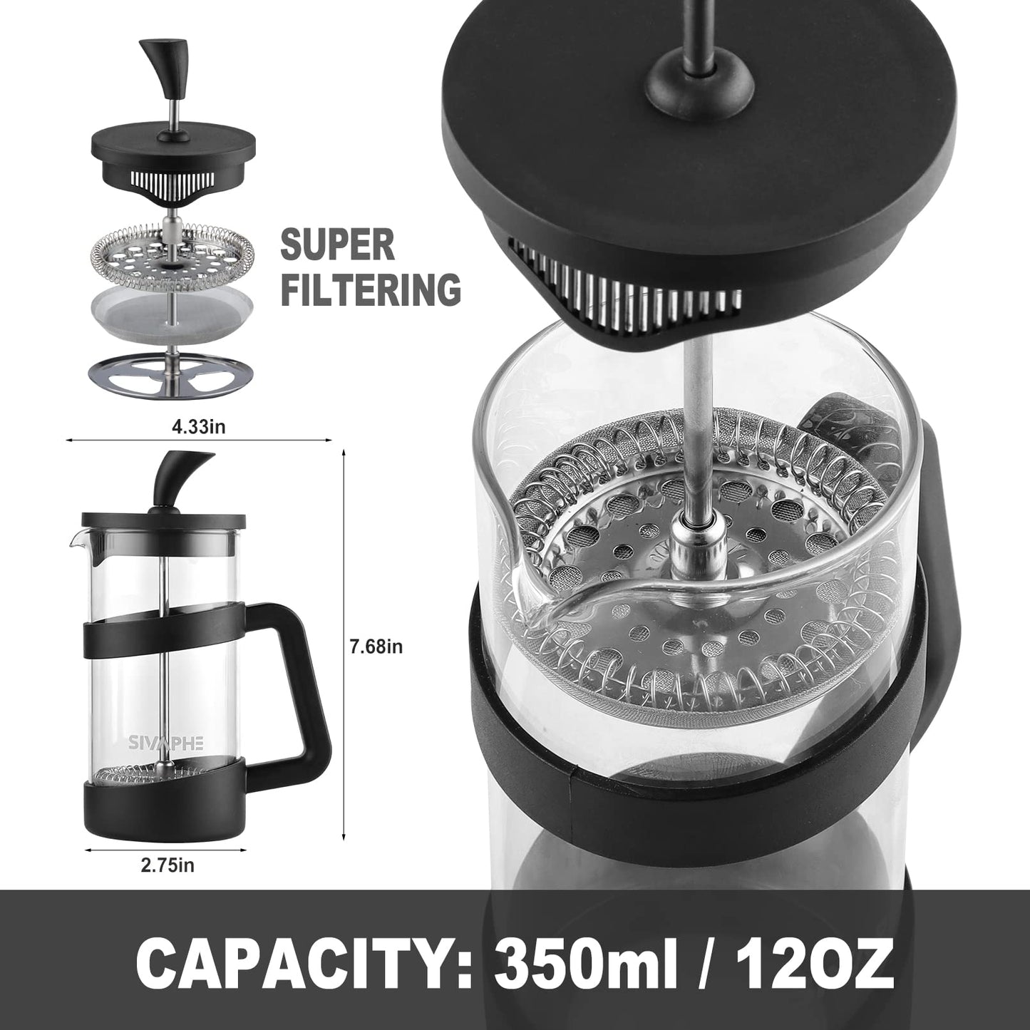 - Sivaphe French Press Coffee Maker 350ml | Cafetiere Coffee Plunger Black 12oz 1-2 Cup -