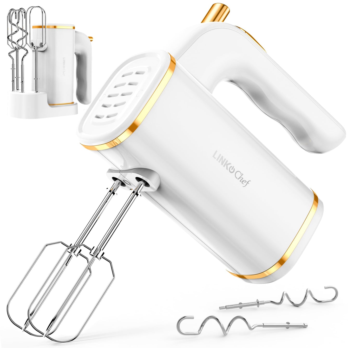 - LINKChef Anti-Splash Hand Mixer Electric Whisk with Storage Base | 5-Speed White Electric Hand Whisk for Baking | 450W -