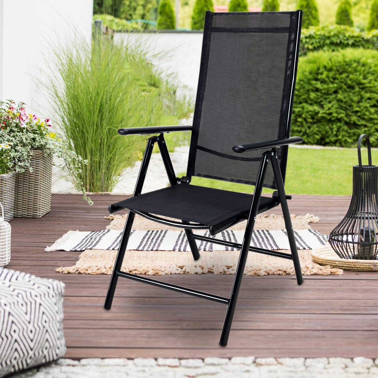 CASARIA® 4x Bern High Backed Folding Aluminium Garden Chairs | Weatherproof | 8-way Adjustable Reclining Backrest with Armrests | Lightweight 120 kg Load Capacity | Patio | Anthracite