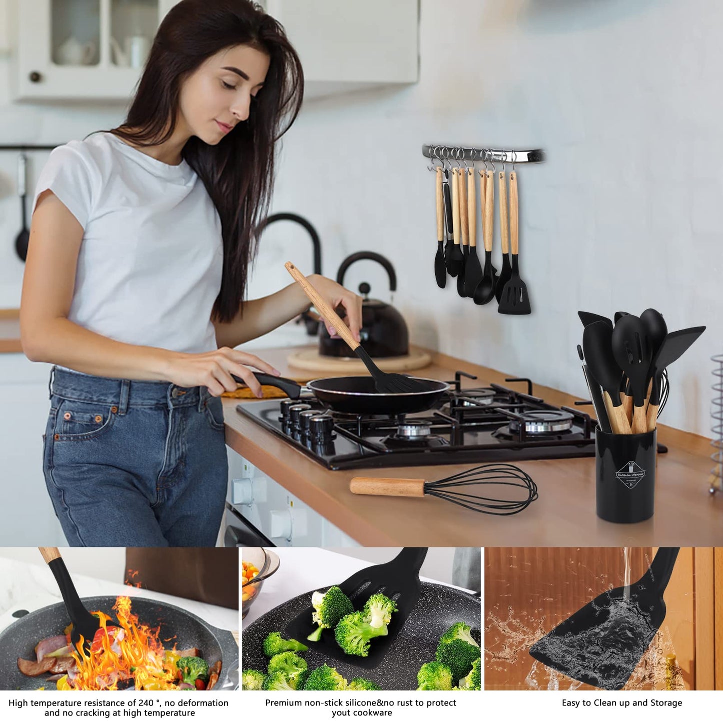 - Kitchen Utensil Set | Hicoosee 22 Pieces Silicone Cooking Utensils Set | Natural Wooden Handles Cooking Tool -