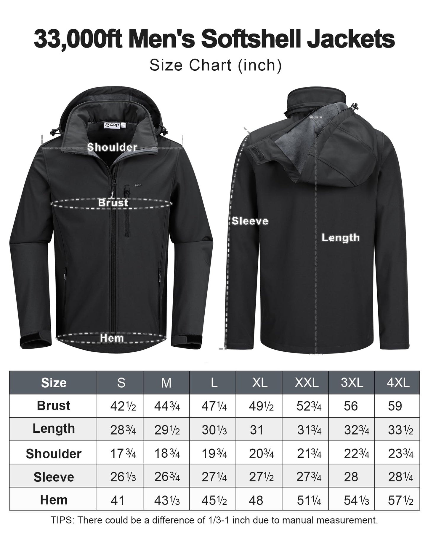 33,000ft Men's Waterproof Jackets Fleece Lining Softshell Jacket - Multi Pockets Outdoor Windproof Coat With Detachable Hood Black XL
