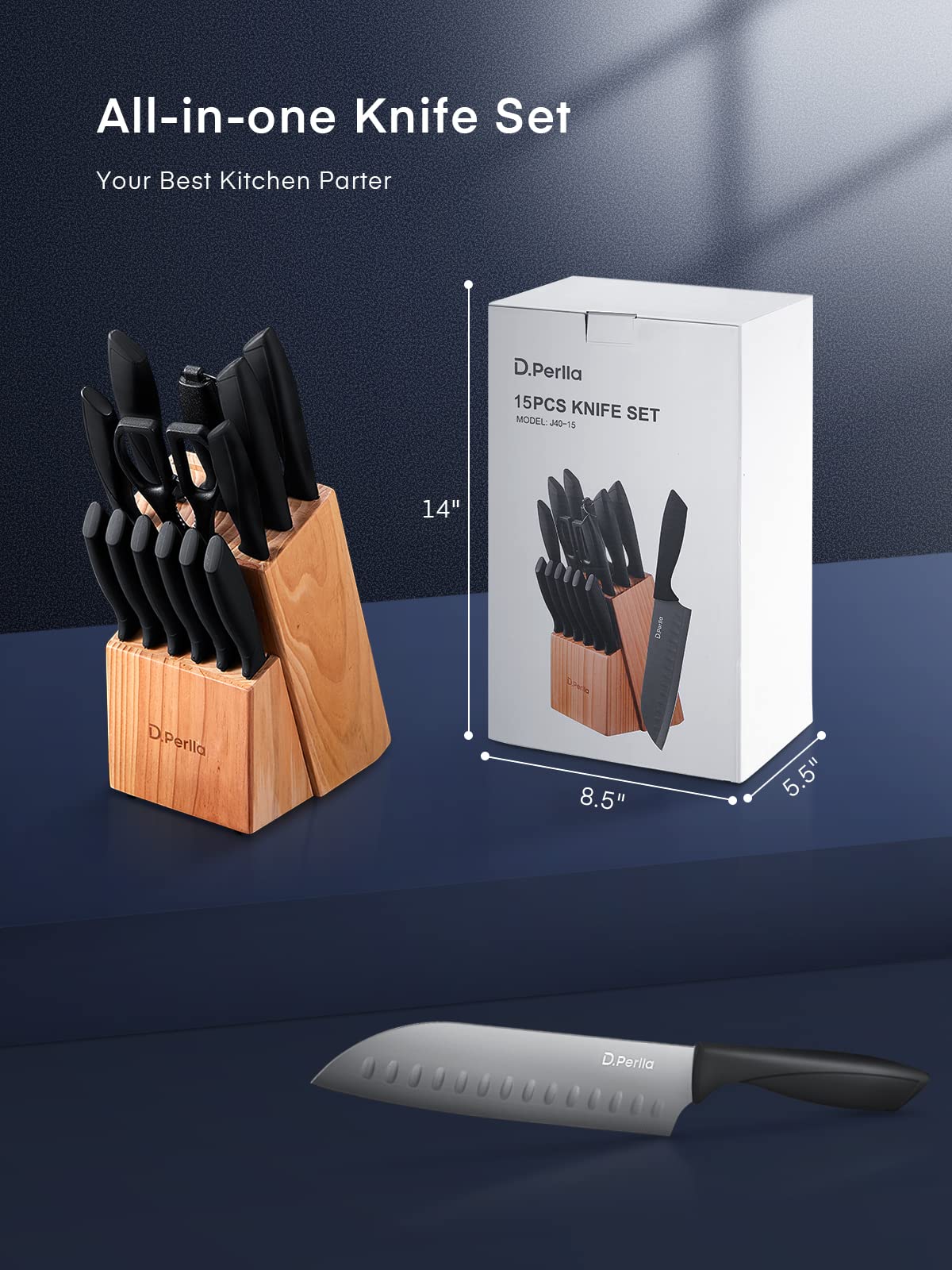 D.Perlla Knife Set with Block, 15 Pieces Kitchen Knife Set, Non Stick Black Colour Coating Stainless Steel Blade Knife Set, No Rust, Sharp Knife Block Set