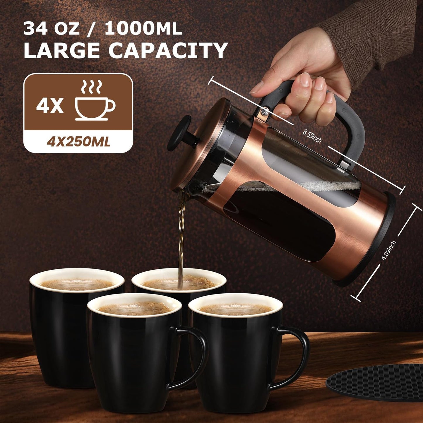 - KOOYAT Cafetiere French Press Coffee Maker | Capacity of 1000ml | 6 cup Large Coffee Press -