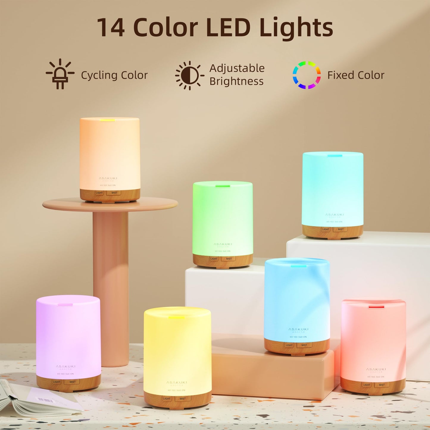 ASAKUKI 300ml Essential Oil Diffuser, Ultrasonic Aromatherapy Scented Diffuser Humidifier for Bedroom,Baby Room,Spa with 7 LED Color Lights and Auto Shut-Off, BPA-Free- Yellow Wood Grain