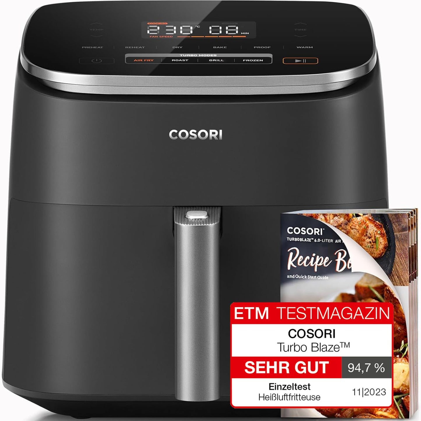 COSORI Air Fryer TurboBlaze, 6L Compact Design, 9 Functions with 5 Auto Fan Speeds Airflow System, Fast and Energy Saving, 30ā to 230ā, Quiet, 110+ Recipes, Oil Free, Non-stick, Dishwasher Safe