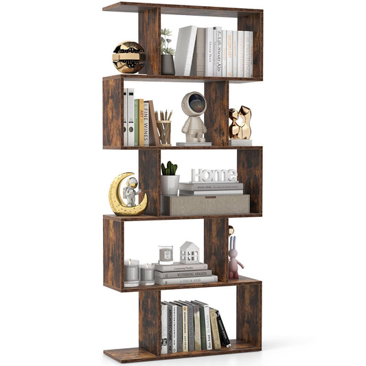CASART 5/6 Tier Wooden Bookcase, Free Standing Shelving Stand Rack, S-Shaped Bookshelf Storage Display Unit