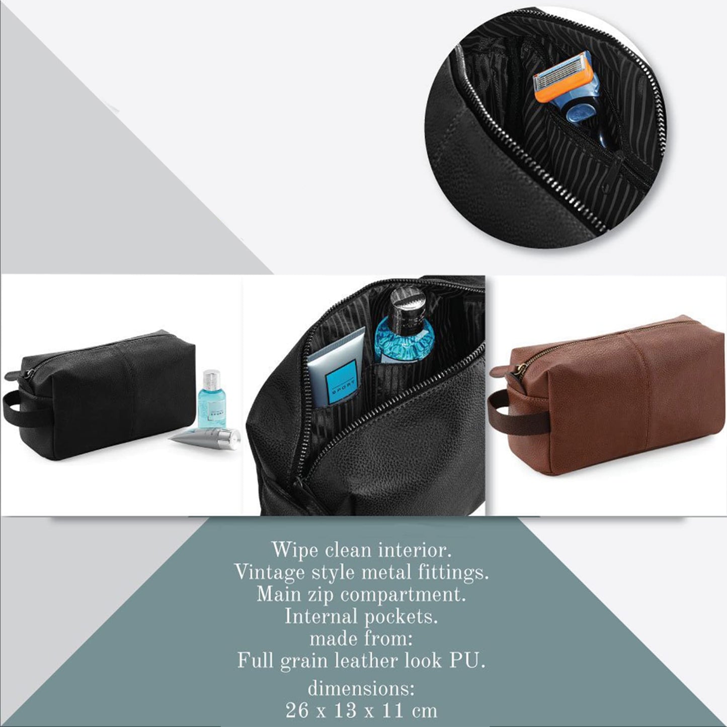 aztex Personalised Men's Nu-Hide Range, Cabin Luggage - Wash Bag, Black