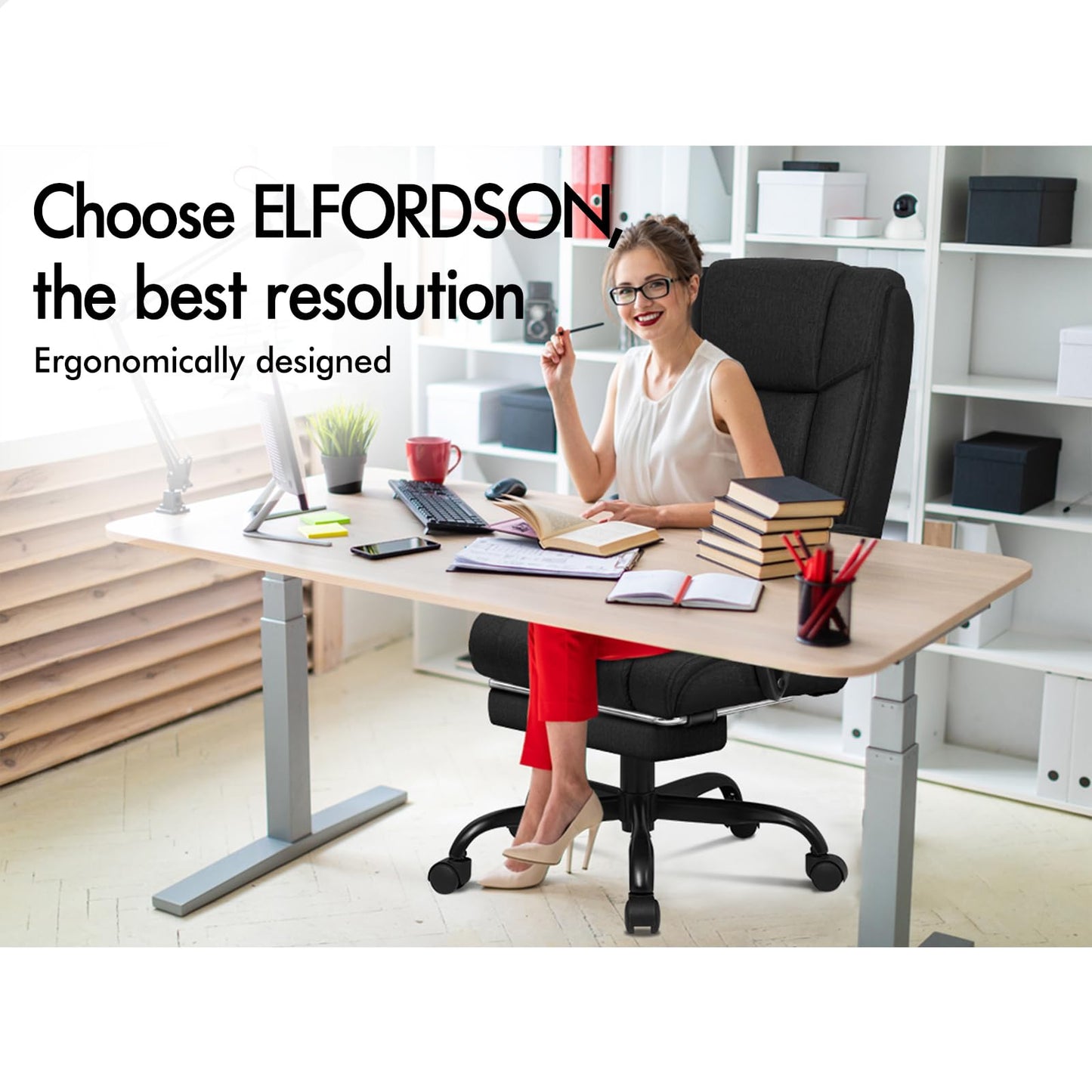 - ELFORDSON Office Chair | XL Lumbar Cushion | Computer Desk Chair with Footrest | High Back 150° Recliner -