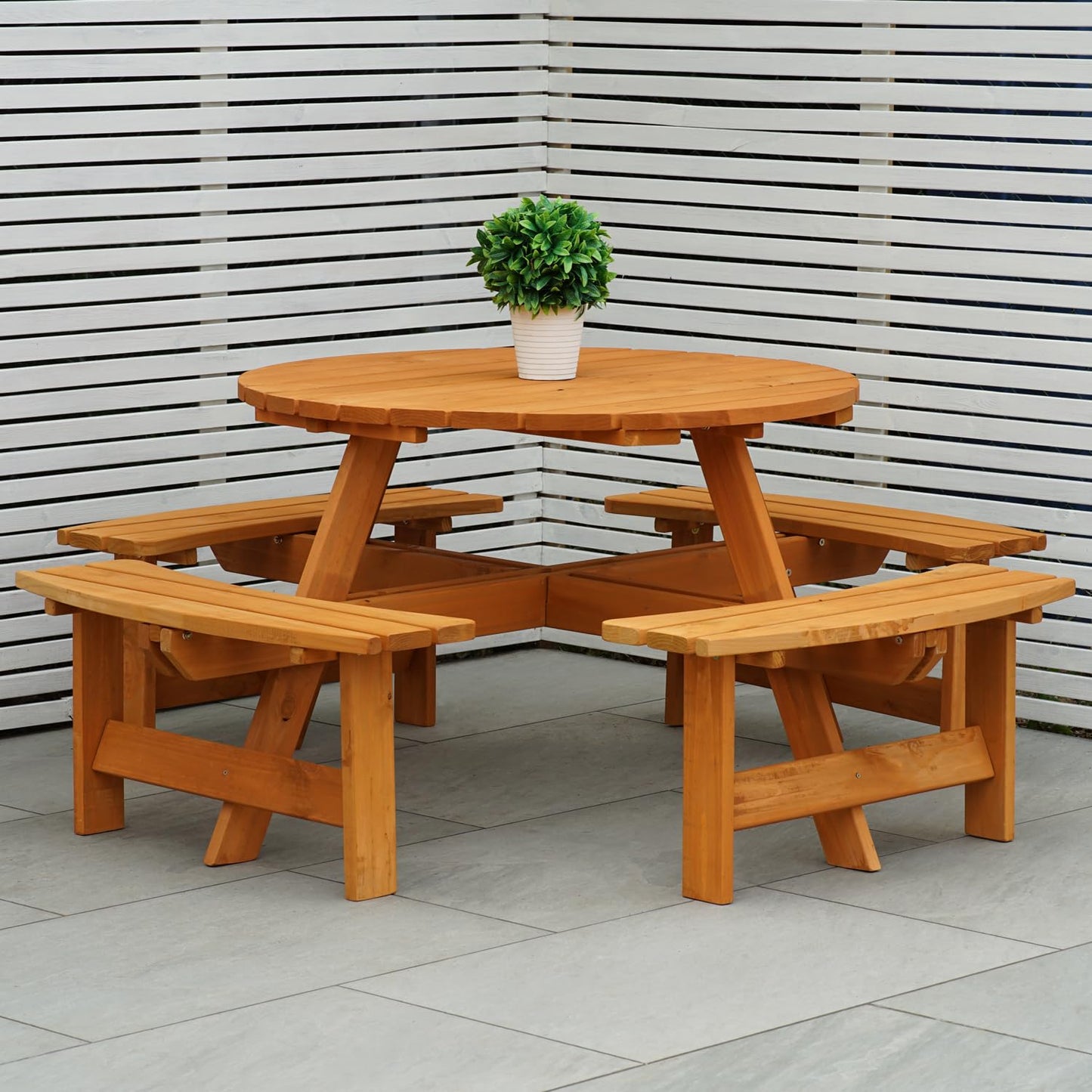 - Maribelle 8 Seater Stained Pine Round Wooden Bench/Picnic Table | For Garden, Pub, Patio -