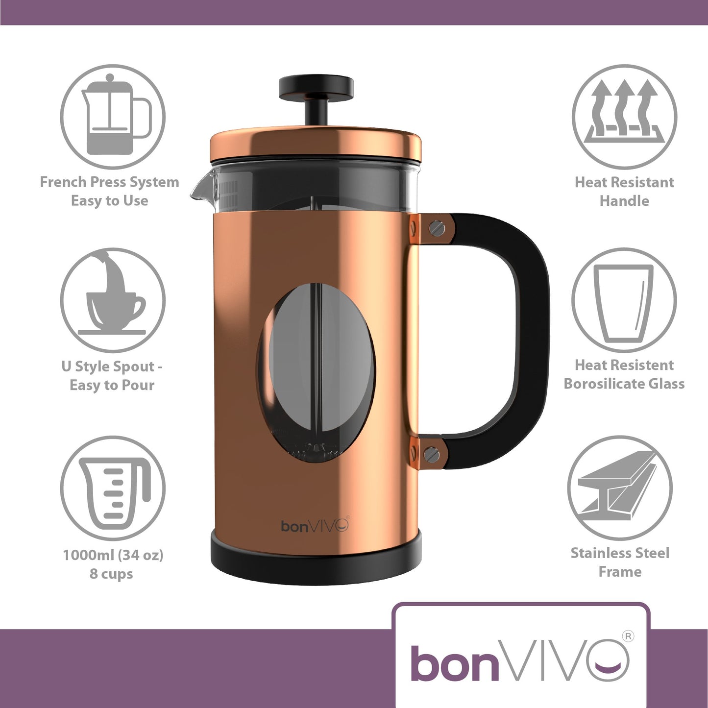 bonVIVO Cafetiere - GAZETARO I 350ml, 8 Cup, Stainless Steel French Press Coffee Maker w/Bonus Scoop and Replacement Filter Mesh - Heat-Resistant Coffee Press - Gifts for Women and Men Copper