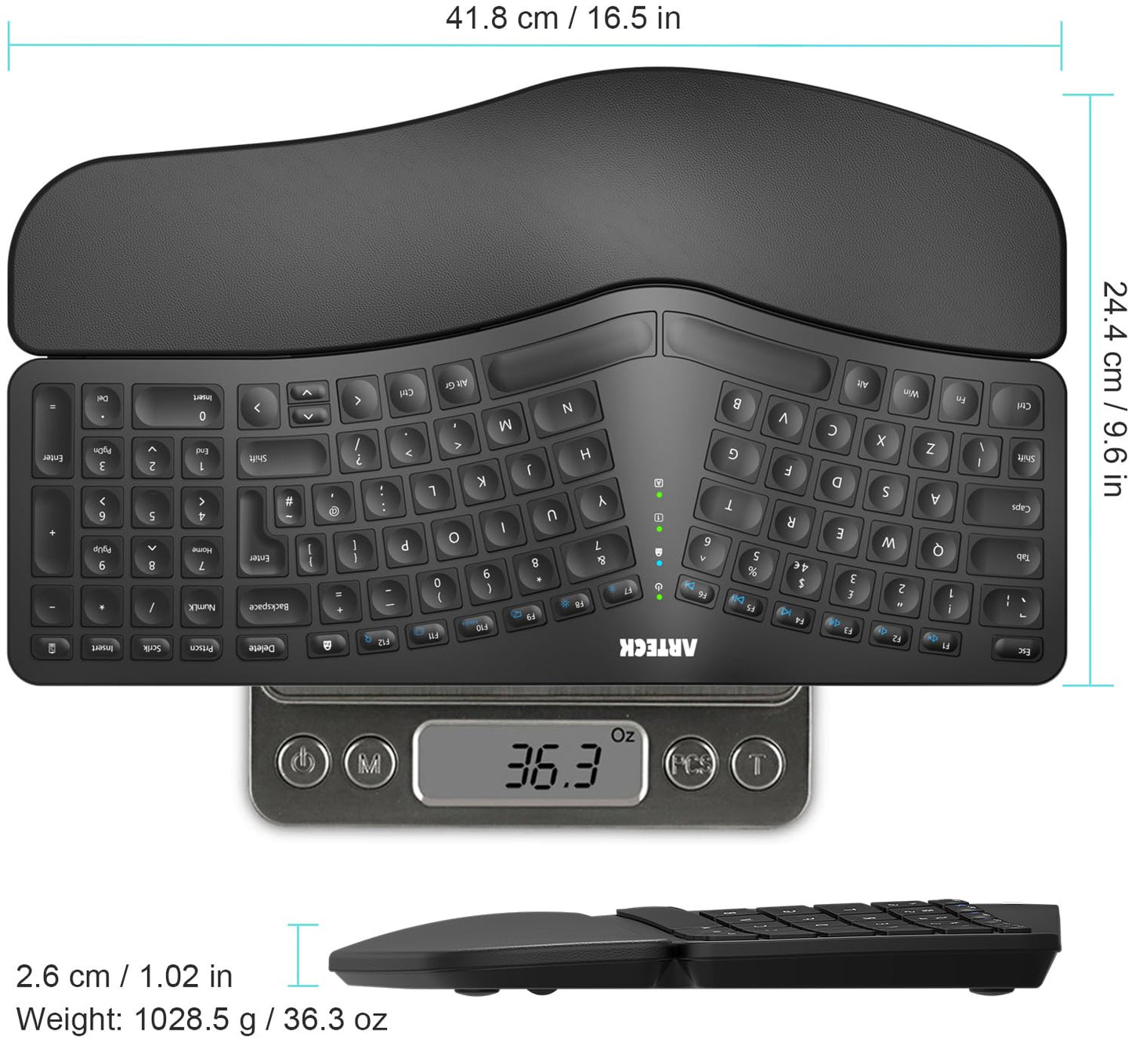 Arteck Split Ergonomic Keyboard with Cushioned Wrist and Palm Rest, 2.4G USB Wireless Comfortable Natural Ergonomic Split Keyboard, for Windows Computer Desktop Laptop