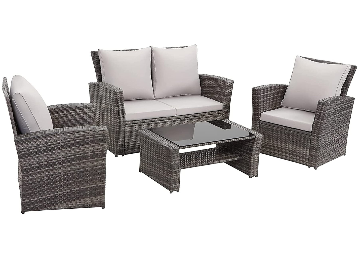 - Mixed Grey Outdoor Rattan Garden Furniture Set | Grey Cushions Luxury 4 Seater Sofa with Chairs and Coffee Table -