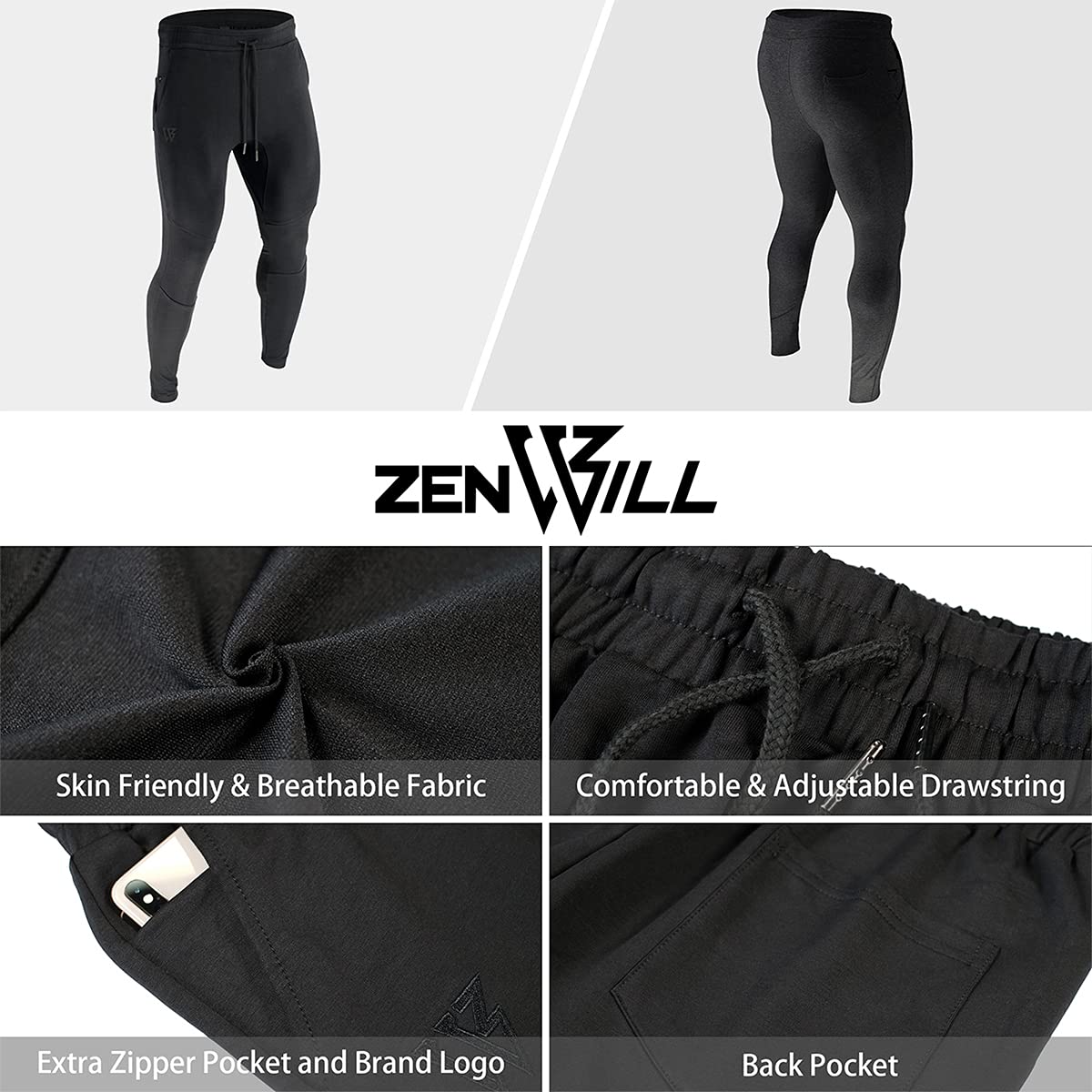 - ZENWILL Mens Tapered Gym Joggers Bottoms, Tracksuit Jogging Running Trousers Sweat Pants with Zip Pocket
