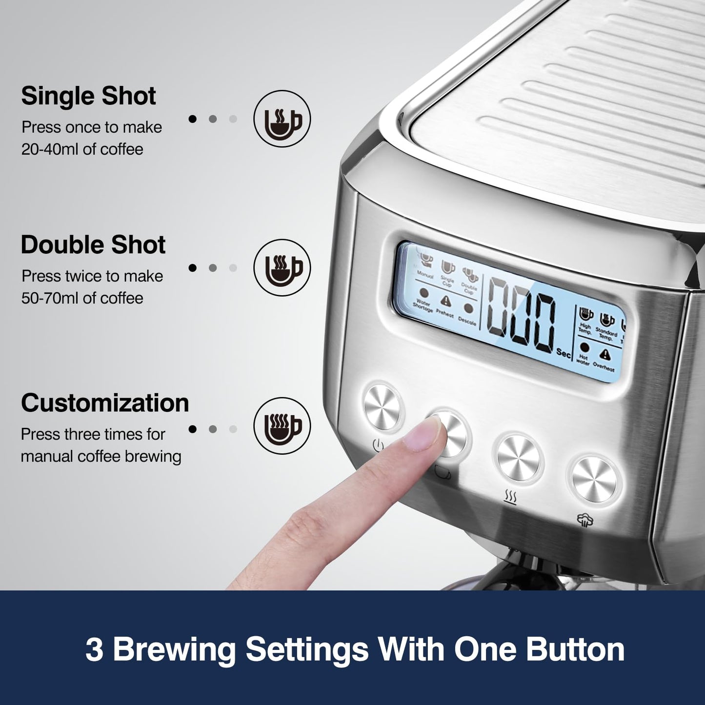 AMZCHEF 20 Bar Espresso Coffee Machines with LCD Panel and Steam Milk Frother, Compact Cappuccino and Latte Machine, All In One Coffee Machine for Home Use with 1.3L Removable Water Tank, 2 Filters