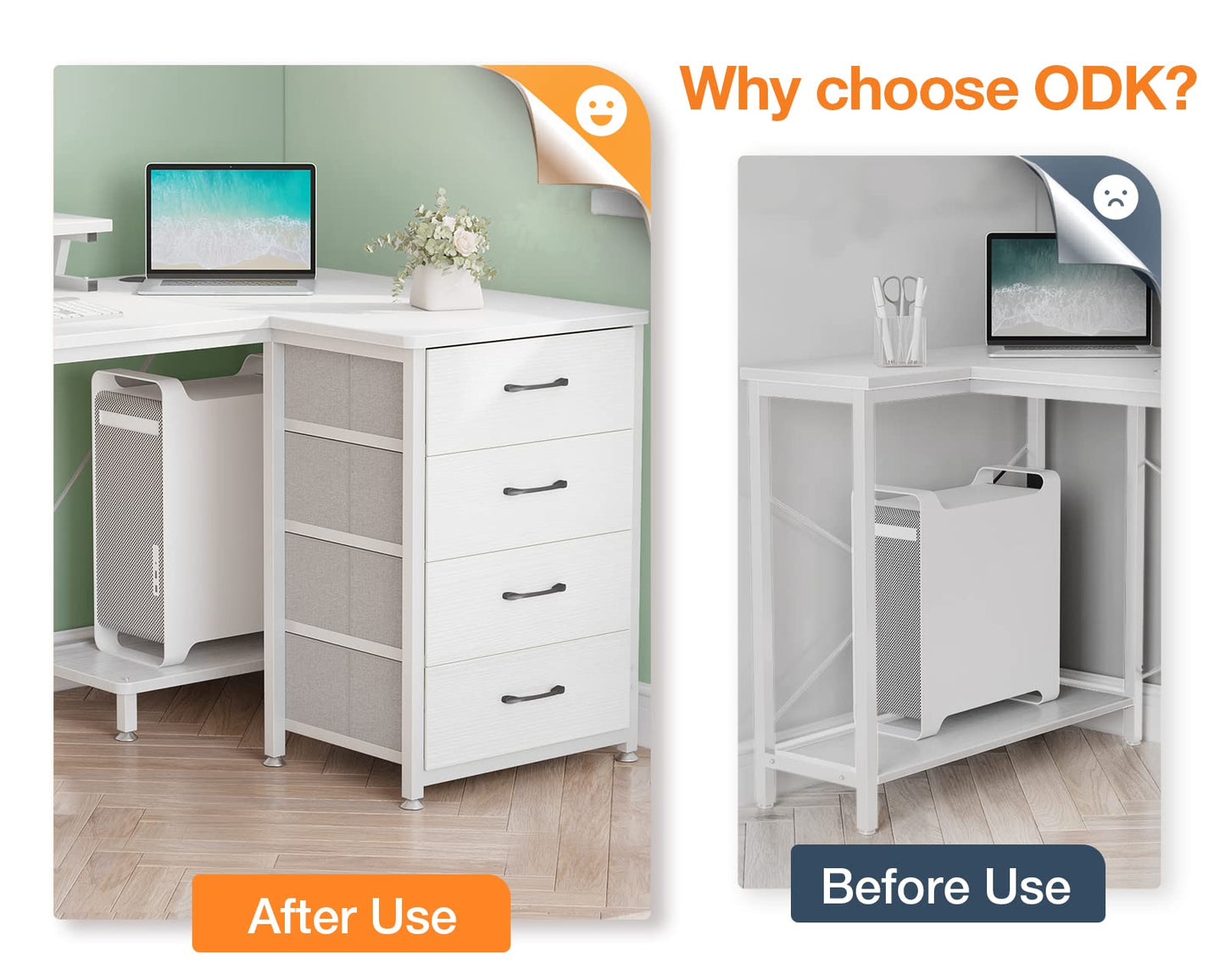 - ODK Corner Desk with Drawers | L Shaped Computer Desk | USB Charging Port -