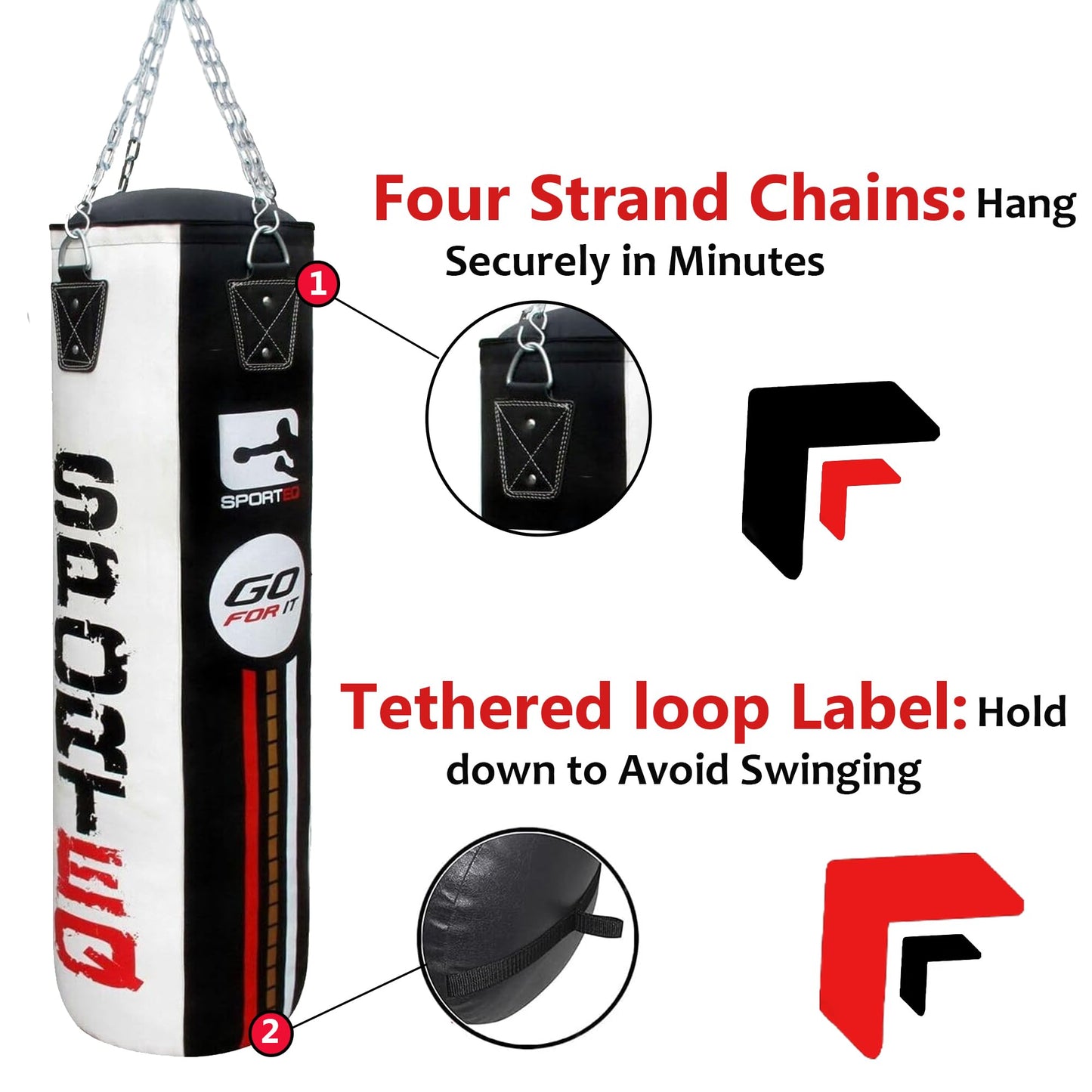 - Sporteq Dyno Heavy Filled Punch Bag Sets for All Ages | Steel Hanging Ring & Floor Attachment | Boxing, Martial Arts, Home & Commercial Gym Use (Black/White, 5FT) -