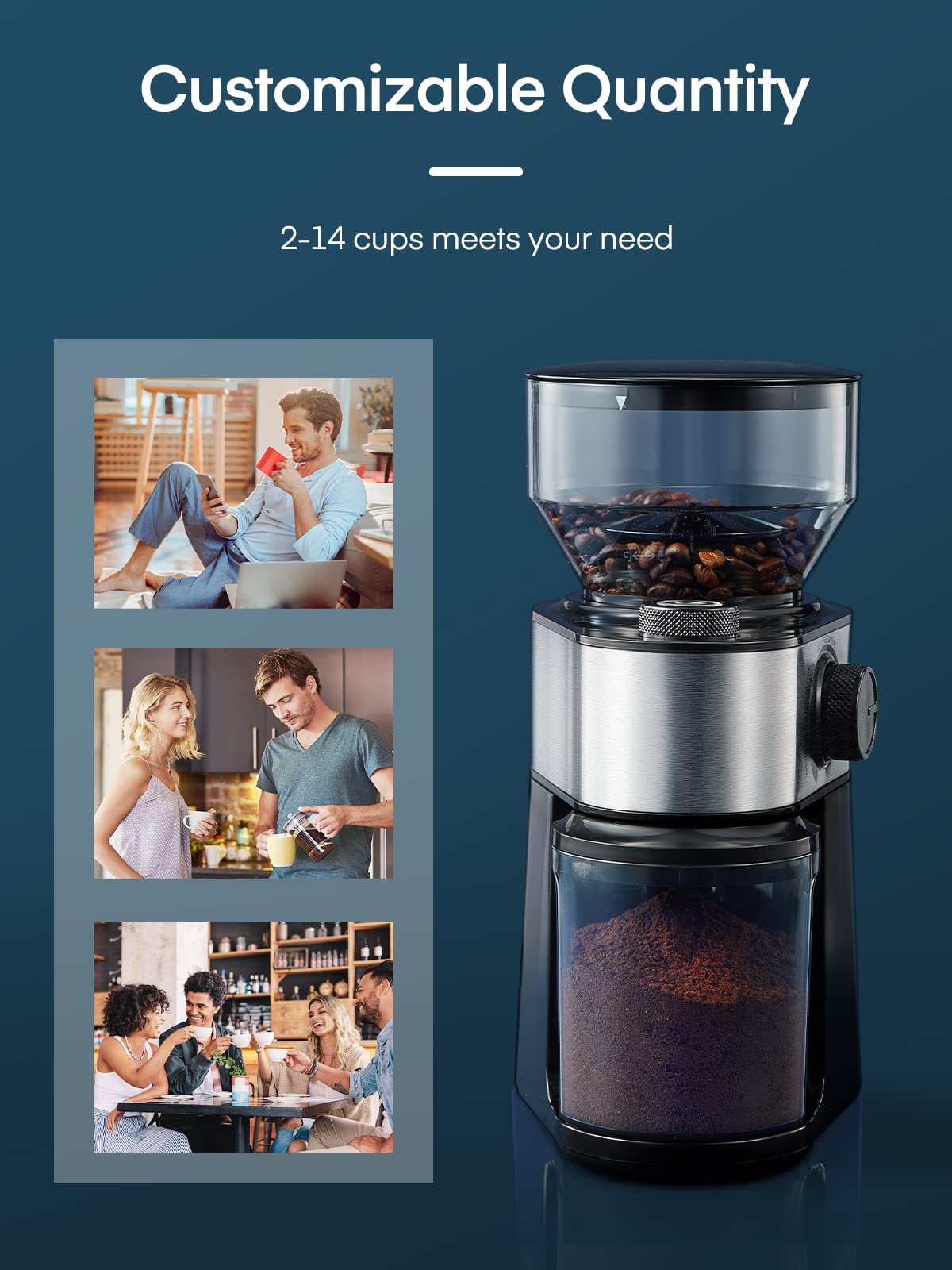 Burr Coffee Grinder Electric, FOHERE Coffee Bean Grinder with 18 Grind Settings, 2-14 Cup, 200W Coffee Grinder for Drip Coffee/French Press, 250g Capacity, with Brush Easy to Clean, Black