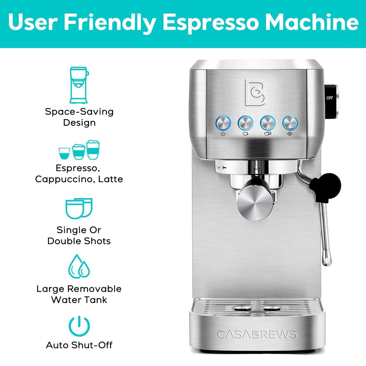 CASABREWS 20 Bar Coffee Machine, Professional Coffee Maker, Cappuccino and Latte Machine with Steam Milk Frother, Compact Espresso Machine with 1.3L Removable Water Tank, Stainless Steel