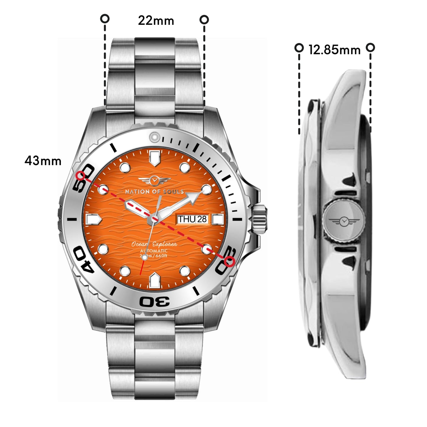 - Nation of Souls Silver and Orange Ocean Explorer | Men's Automatic Analogue Watch -