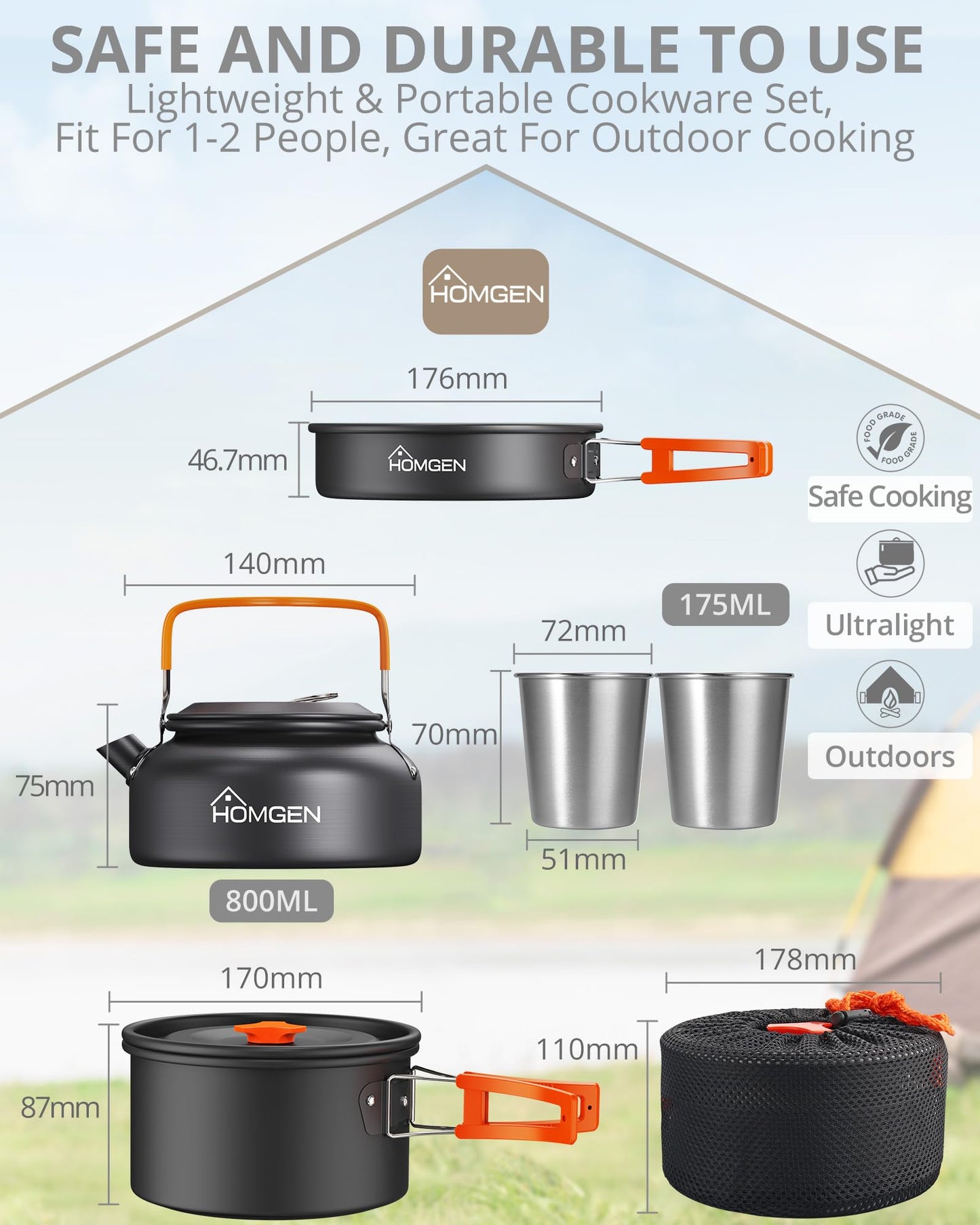 - HOMGEN Camping Cooking Set | Camping Pots and Pans Set | Aluminium Camping Cookware Kit -
