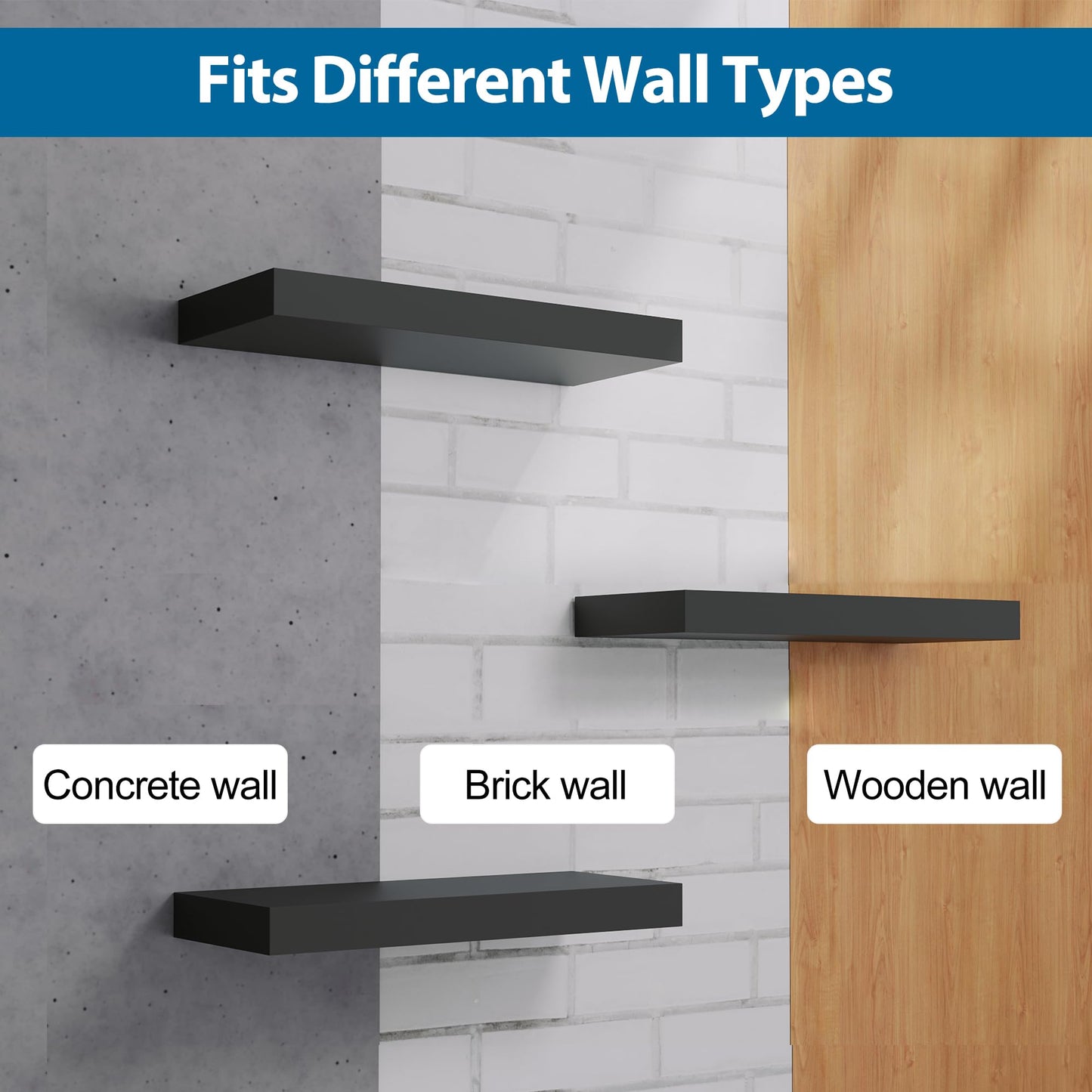 BONTEC Wood Floating Shelves Set of 2, 40cm Bathroom Wall Shelves up to 10kg, Wall Mounted Farmhouse Décor for Bathroom, Bedroom, Living Room and Kitchen, Office, etc (Black)