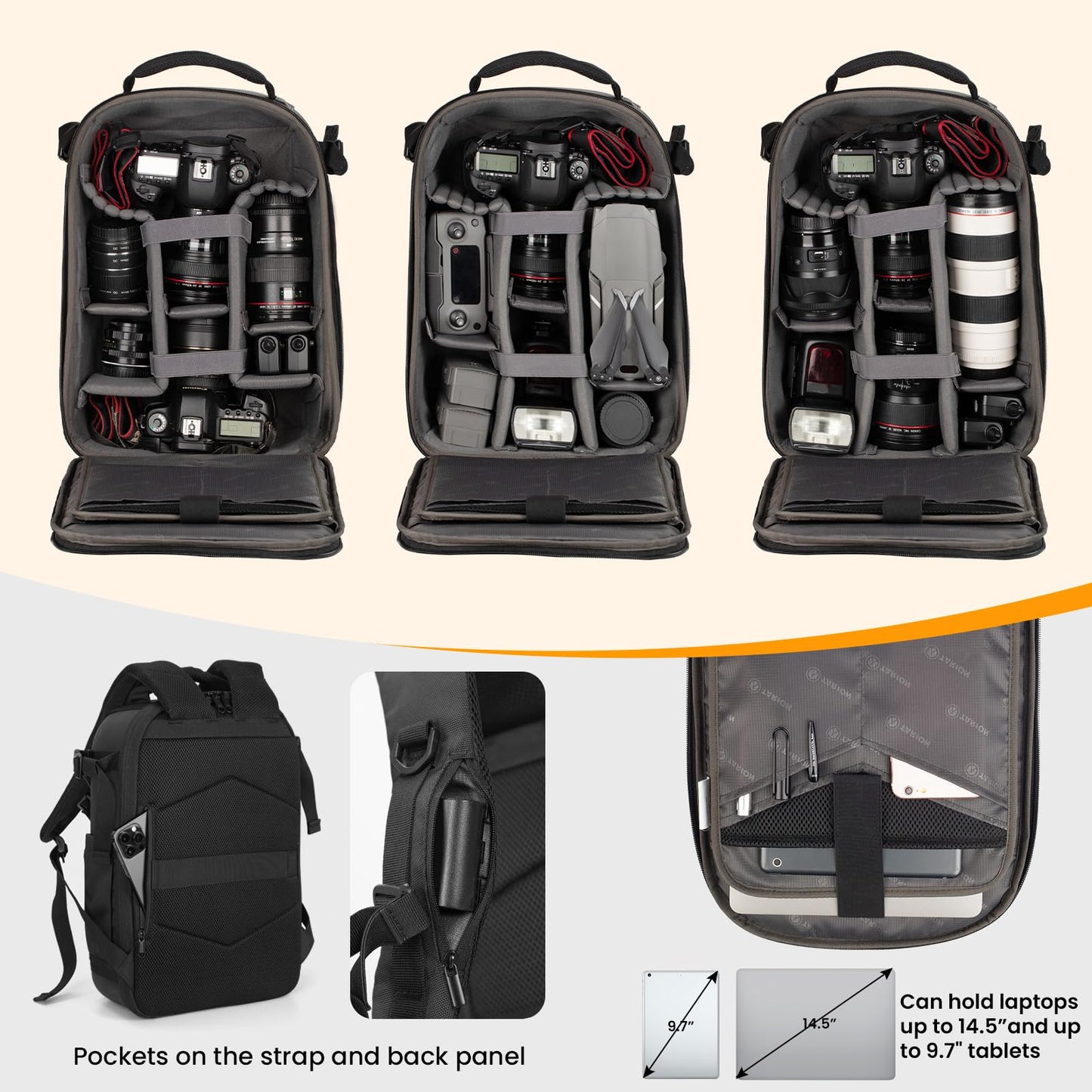 - TARION Camera Backpack | Photography Backpack with Hard Shell | With Rain Cover | Black -
