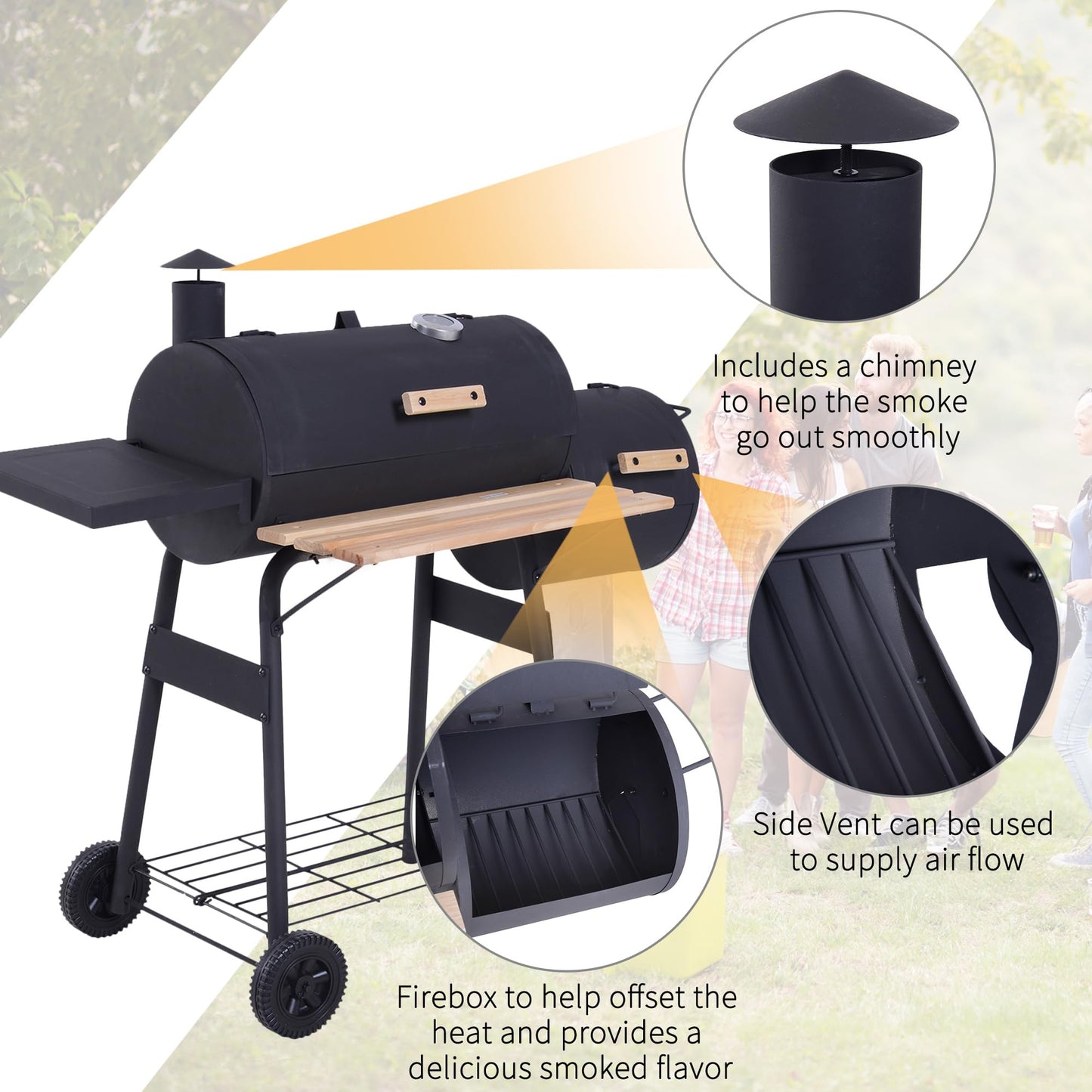 - Outsunny Charcoal Barbecue Grill | Offset Smoker | Barrel BBQ Trolley | 3 Storage Shelves -